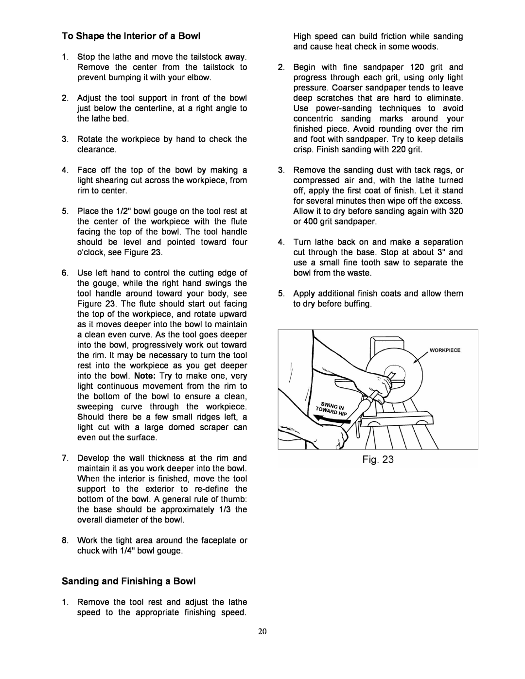 Jet Tools JWL-1642EVS-2 operating instructions To Shape the Interior of a Bowl, Sanding and Finishing a Bowl 