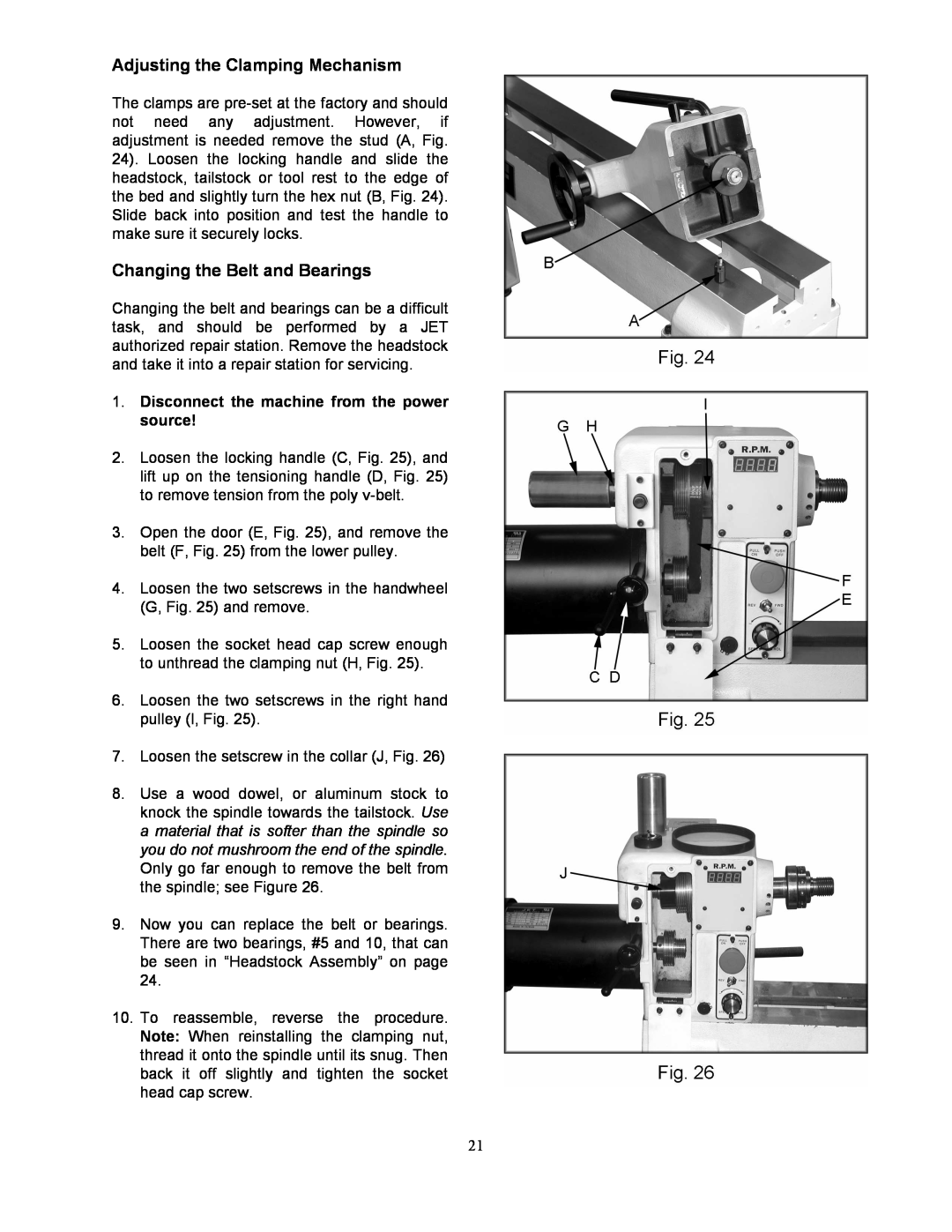 Jet Tools JWL-1642EVS-2 operating instructions Adjusting the Clamping Mechanism, Changing the Belt and Bearings 