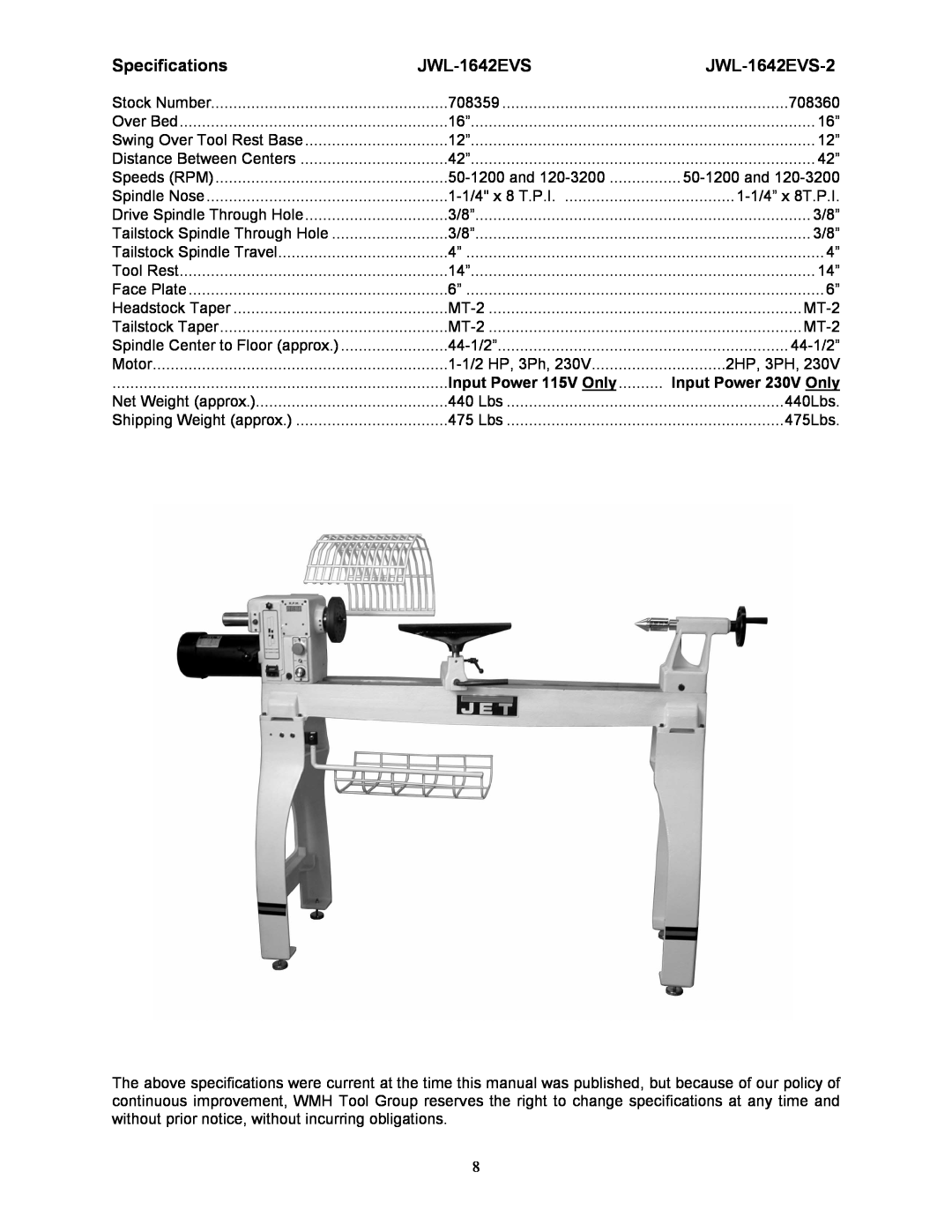 Jet Tools operating instructions Specifications, JWL-1642EVS-2, Input Power 115V Only, Input Power 230V Only 