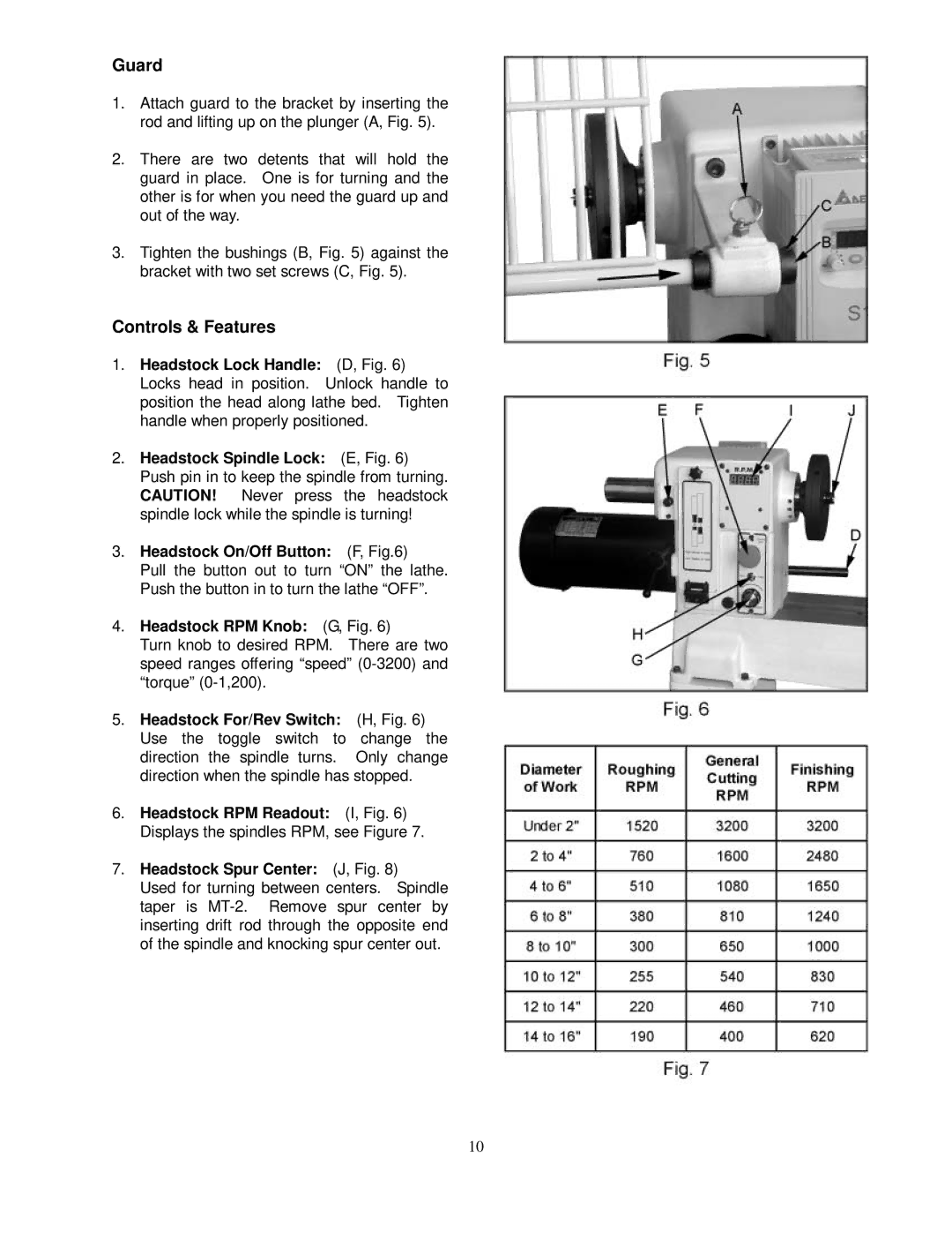 Jet Tools JWL-1642EVS owner manual Guard, Controls & Features, Headstock RPM Knob G, Fig 