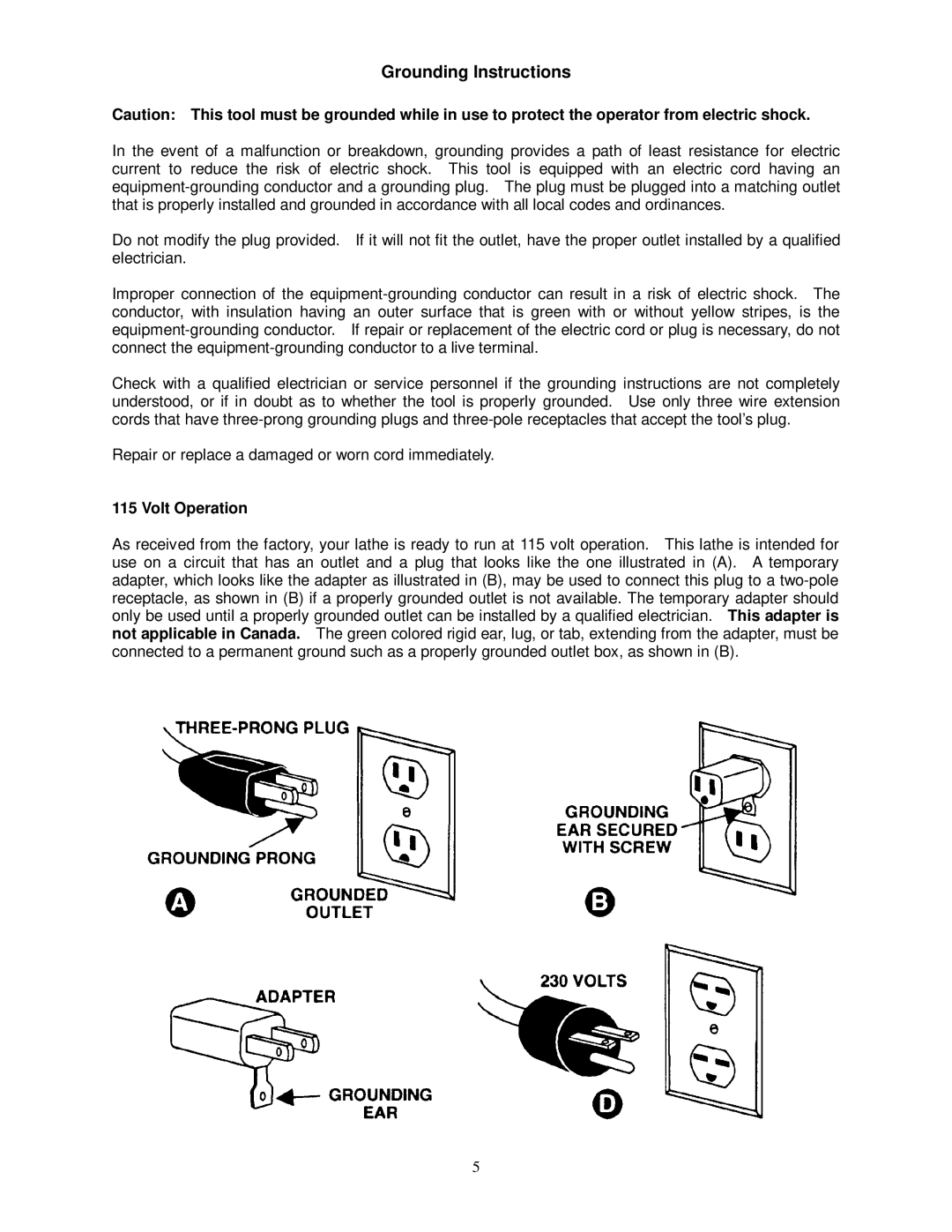 Jet Tools JWL-1642EVS owner manual Grounding Instructions, Volt Operation 