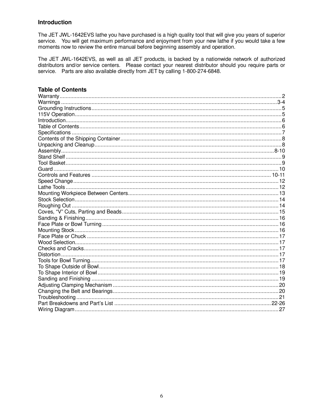 Jet Tools JWL-1642EVS owner manual Introduction, Table of Contents 