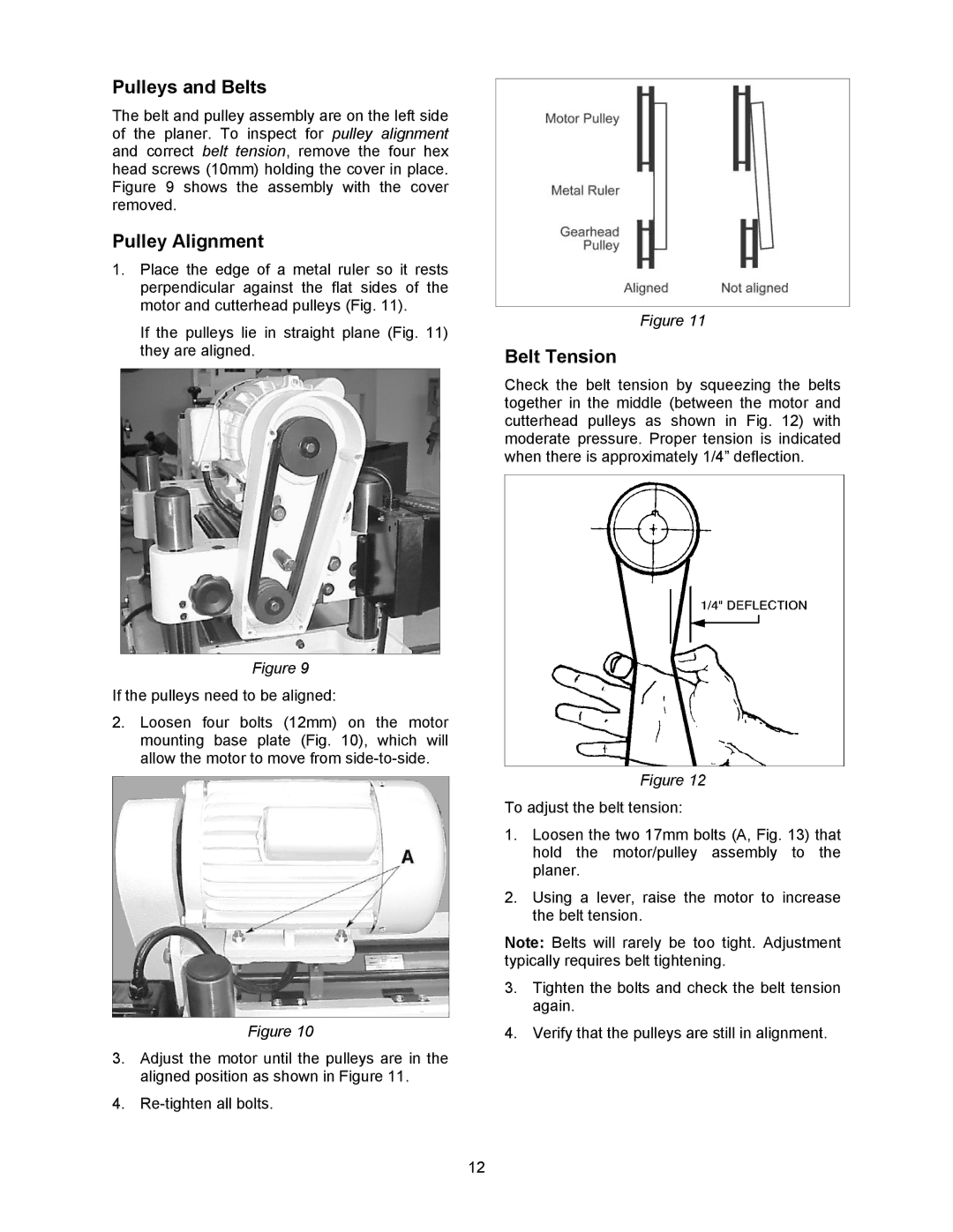 Jet Tools JWP-16OS owner manual Pulleys and Belts, Pulley Alignment, Belt Tension 