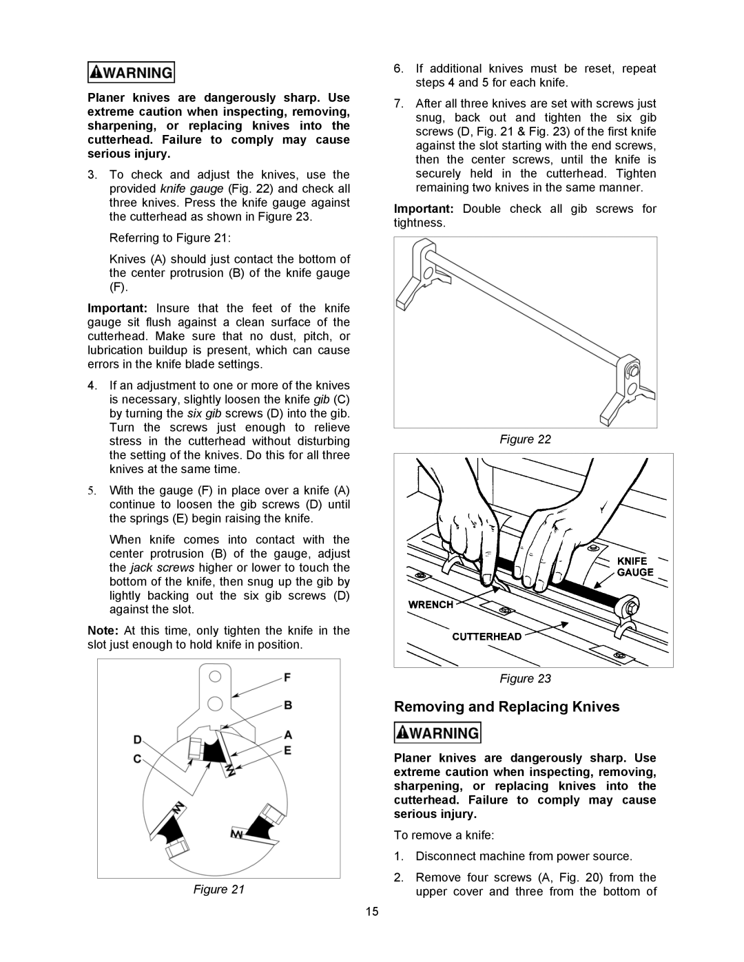 Jet Tools JWP-16OS owner manual Removing and Replacing Knives 