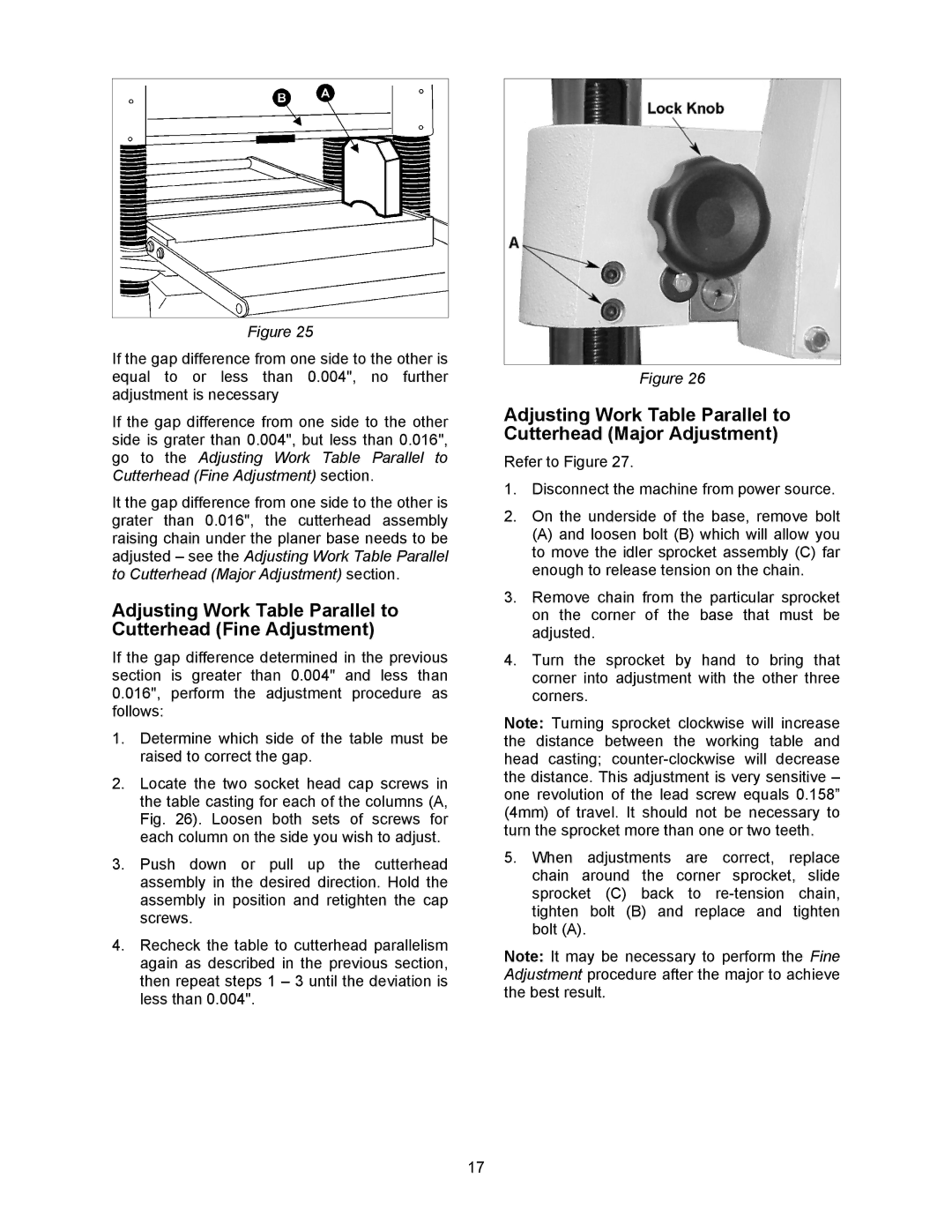 Jet Tools JWP-16OS owner manual Adjusting Work Table Parallel to Cutterhead Fine Adjustment 