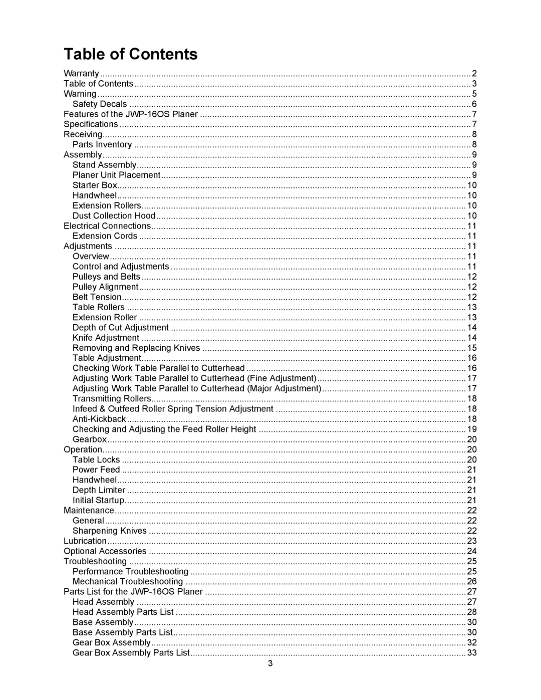 Jet Tools JWP-16OS owner manual Table of Contents 