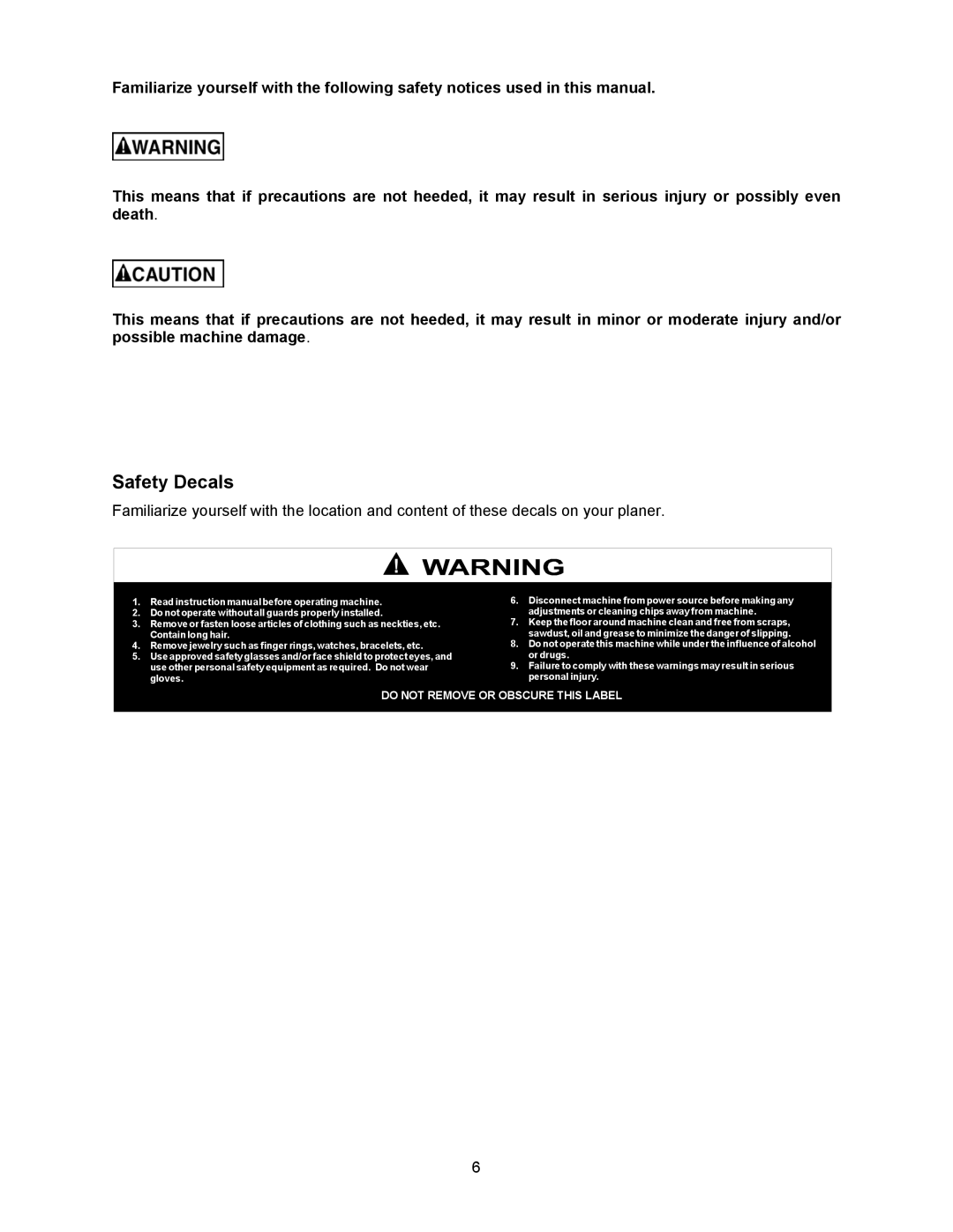 Jet Tools JWP-16OS owner manual Safety Decals 