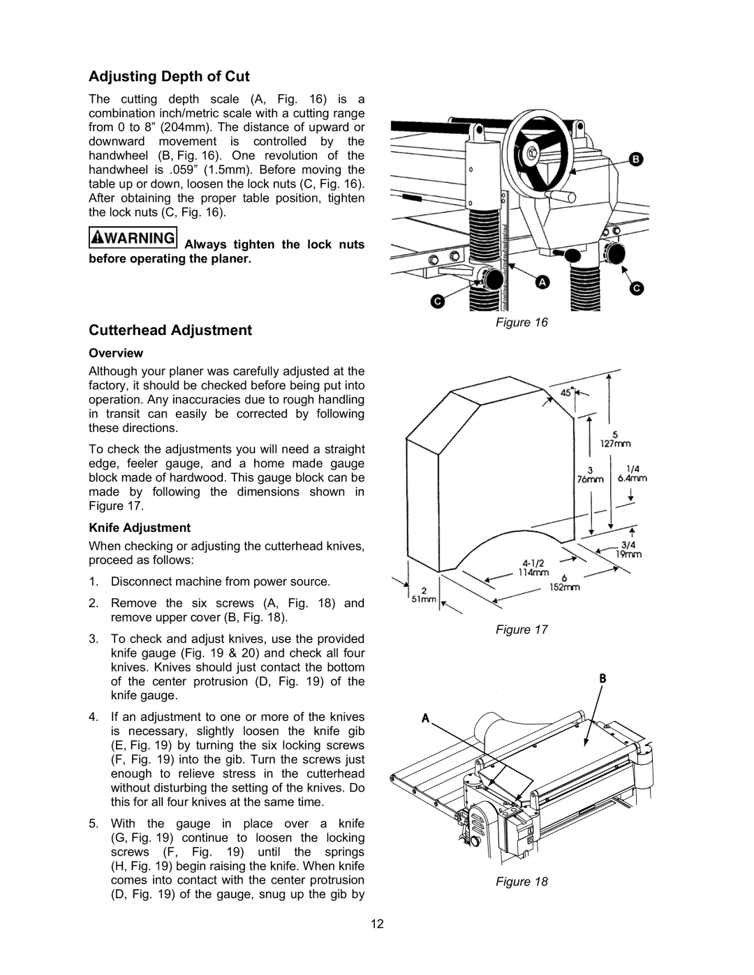 Jet Tools JWP-208 Adjusting Depth of Cut, Cutterhead Adjustment, Always tighten the lock nuts before operating the planer 