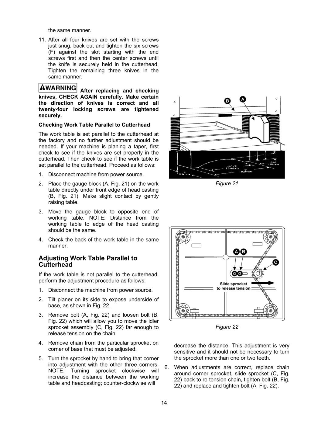 Jet Tools JWP-208 operating instructions Adjusting Work Table Parallel to Cutterhead 