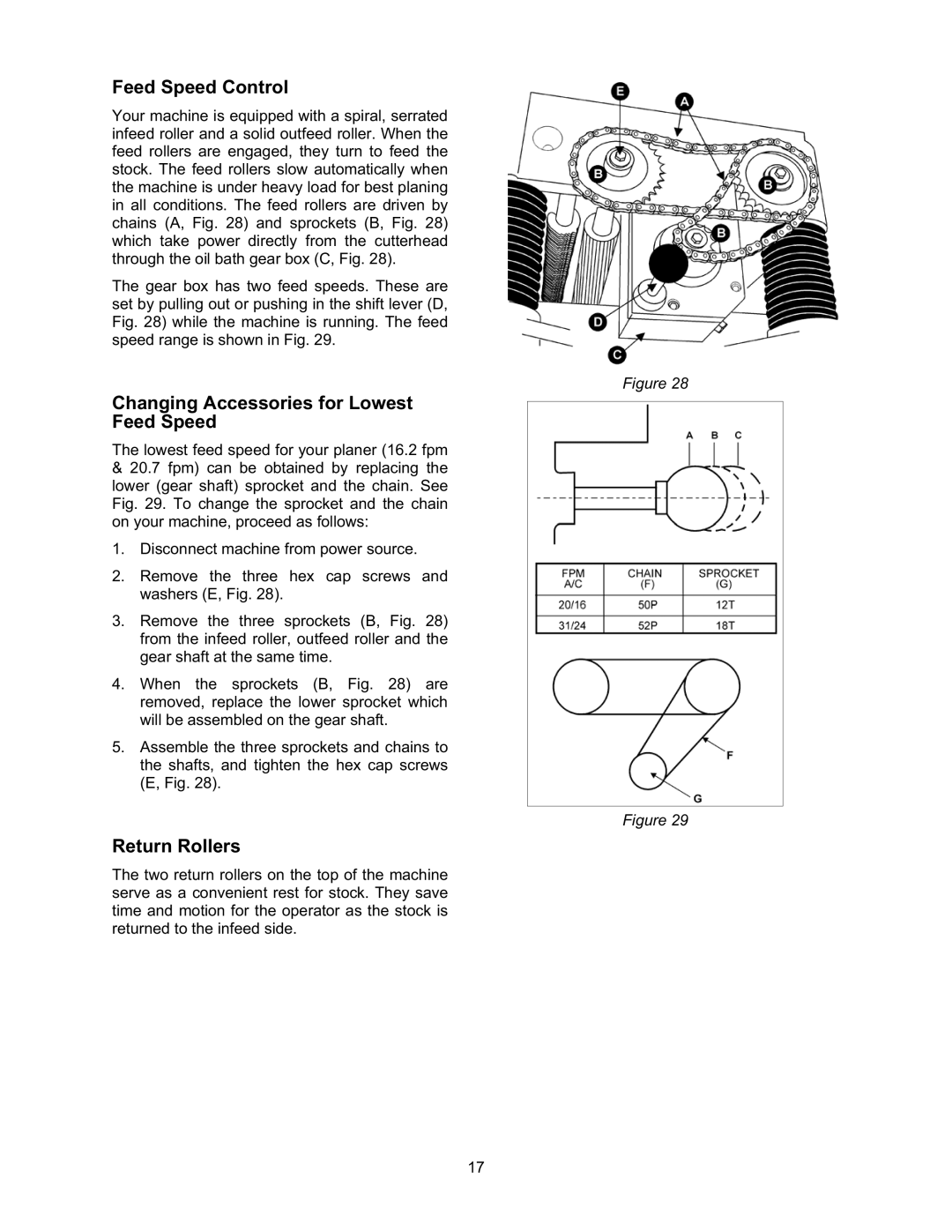 Jet Tools JWP-208 operating instructions Feed Speed Control, Changing Accessories for Lowest Feed Speed, Return Rollers 