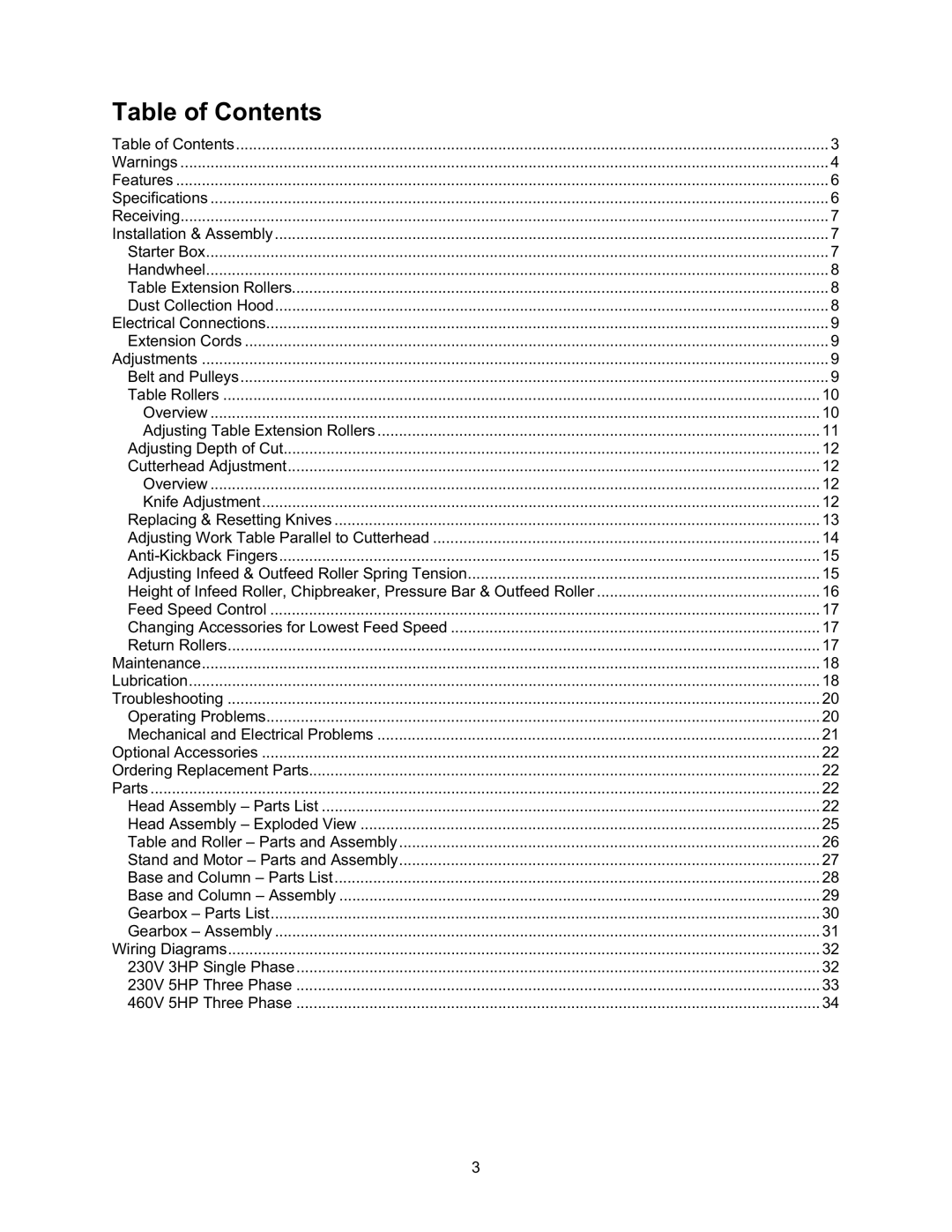 Jet Tools JWP-208 operating instructions Table of Contents 