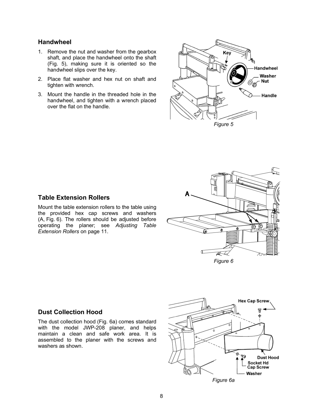 Jet Tools JWP-208 operating instructions Handwheel, Table Extension Rollers, Dust Collection Hood 