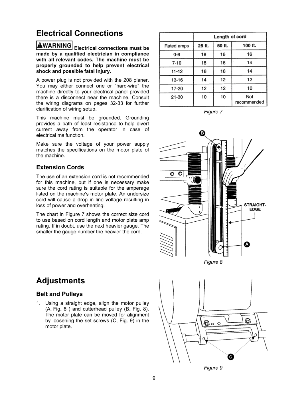 Jet Tools JWP-208 operating instructions Electrical Connections, Adjustments, Extension Cords, Belt and Pulleys 