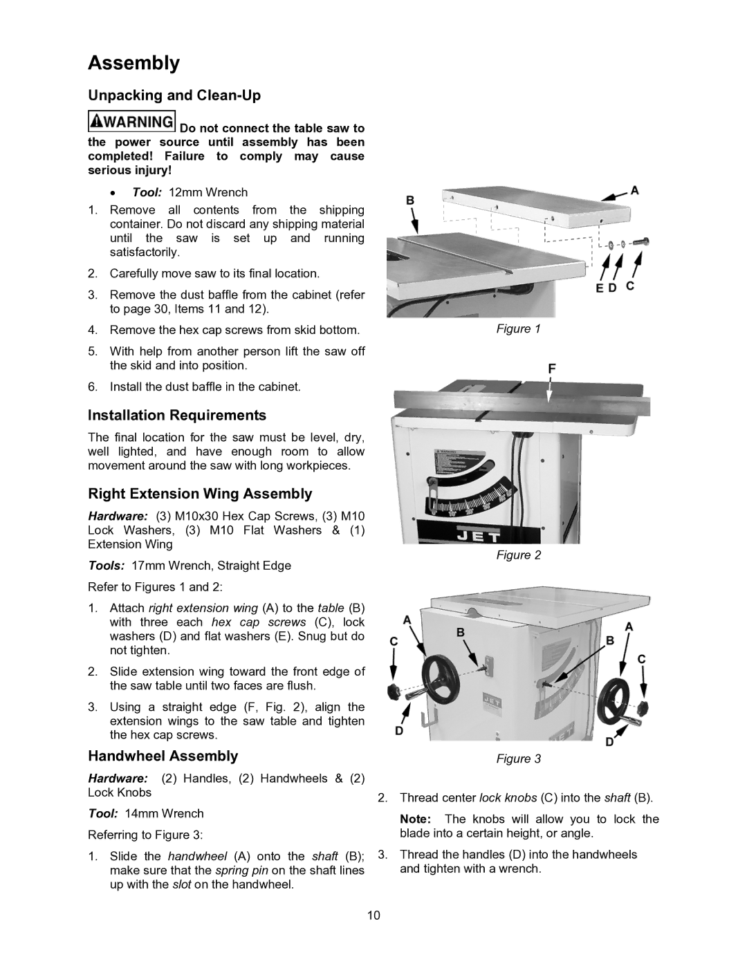 Jet Tools JWSS-10CS Unpacking and Clean-Up, Installation Requirements, Right Extension Wing Assembly 