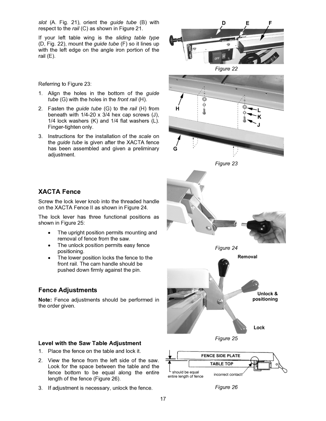 Jet Tools JWSS-10CS operating instructions Xacta Fence, Fence Adjustments 