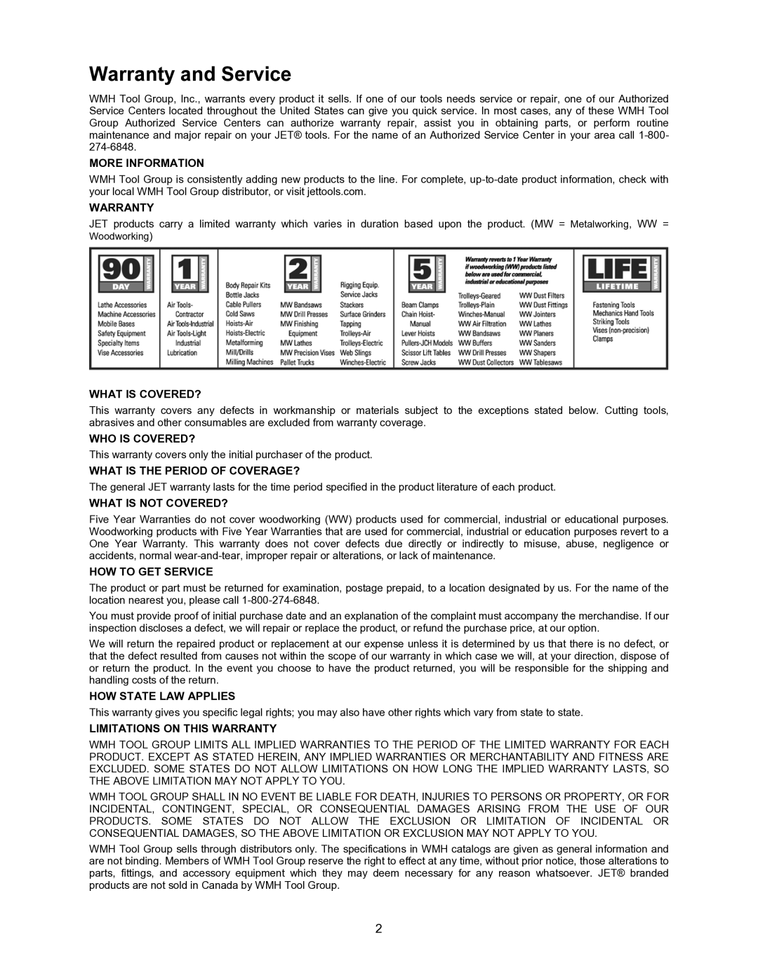 Jet Tools JWSS-10CS operating instructions Warranty and Service, More Information 