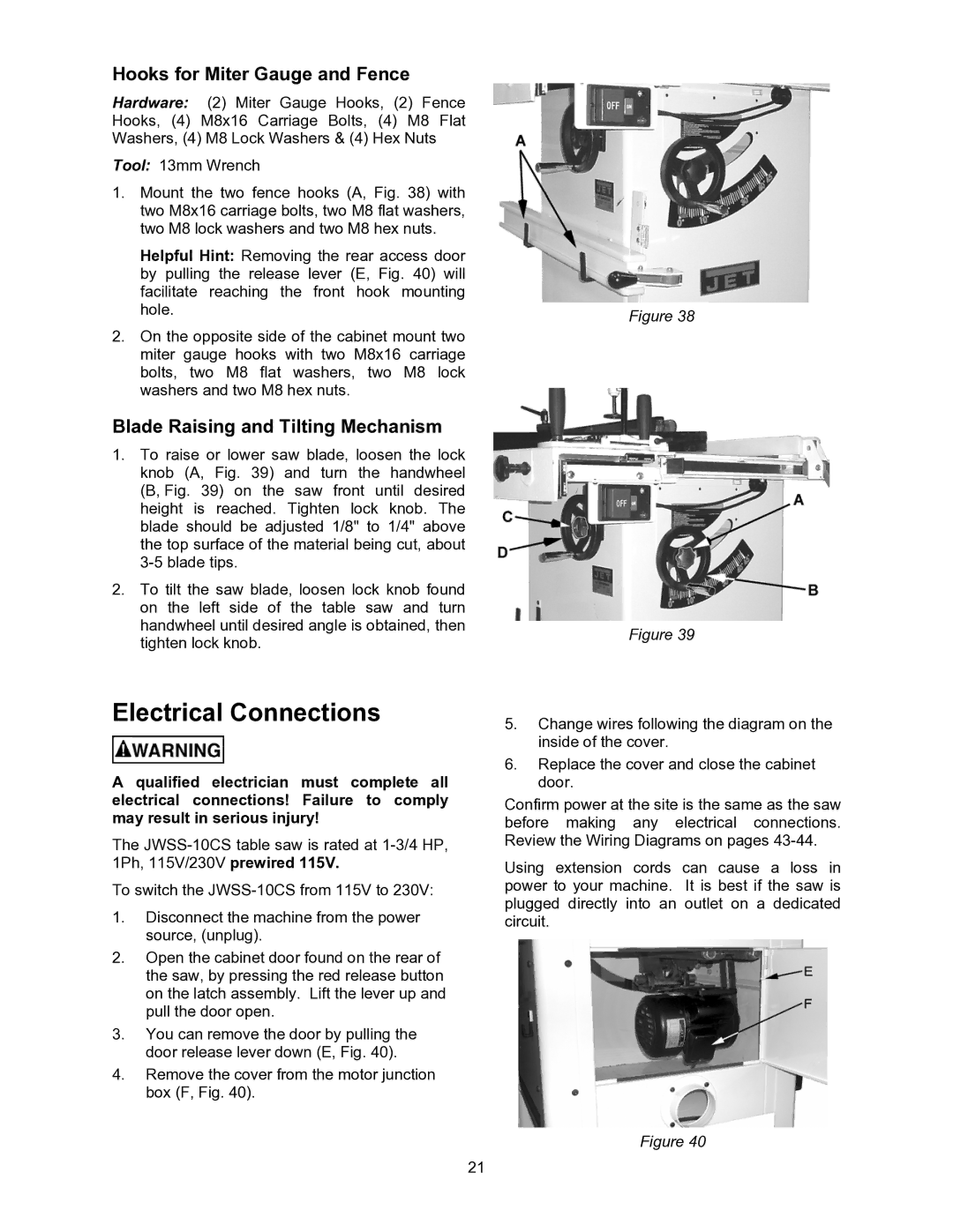 Jet Tools JWSS-10CS Electrical Connections, Hooks for Miter Gauge and Fence, Blade Raising and Tilting Mechanism 