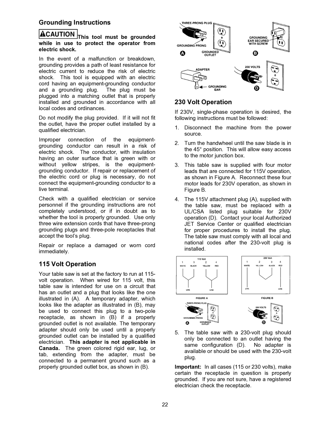 Jet Tools JWSS-10CS operating instructions Grounding Instructions, Volt Operation 