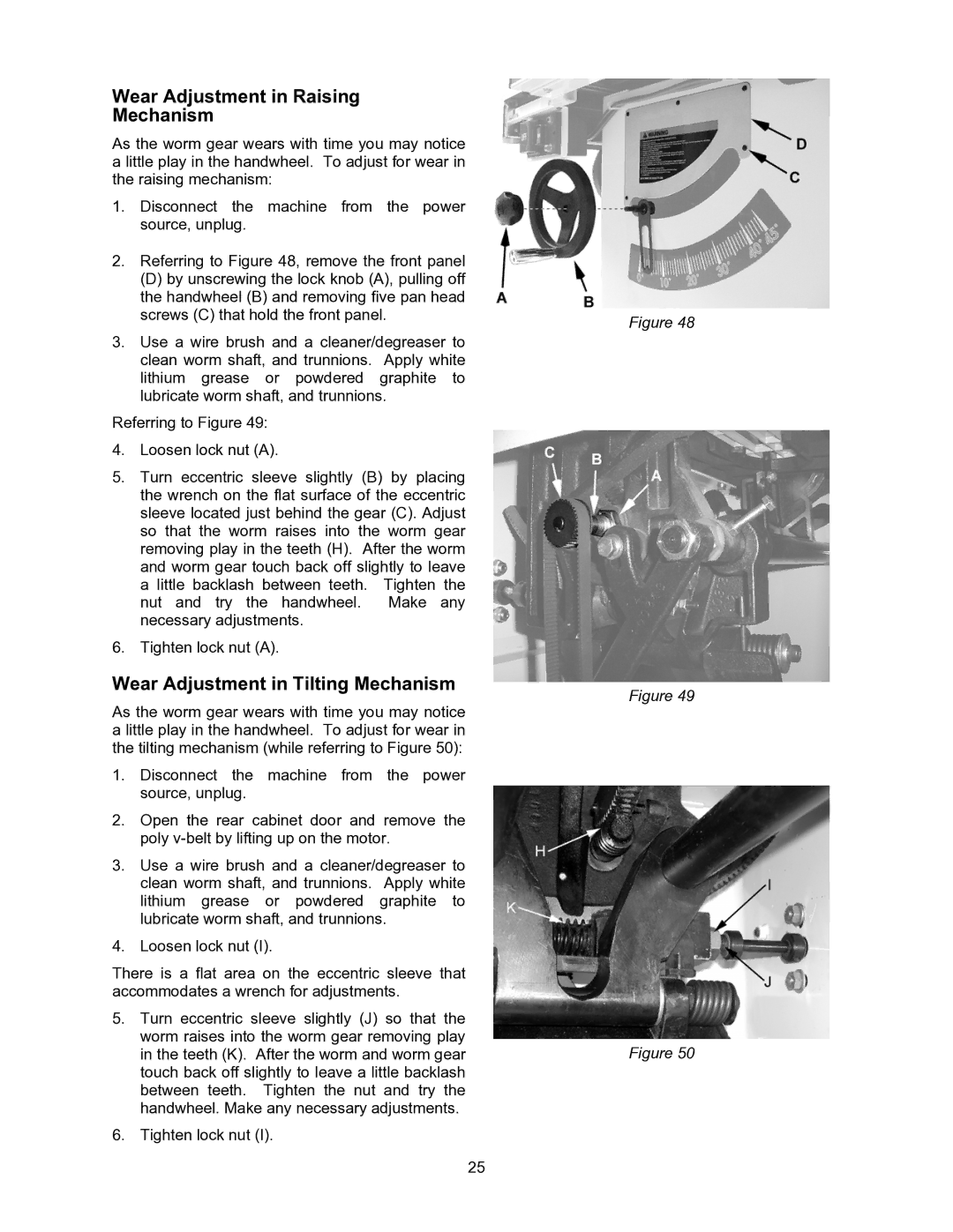 Jet Tools JWSS-10CS operating instructions Wear Adjustment in Raising Mechanism, Wear Adjustment in Tilting Mechanism 