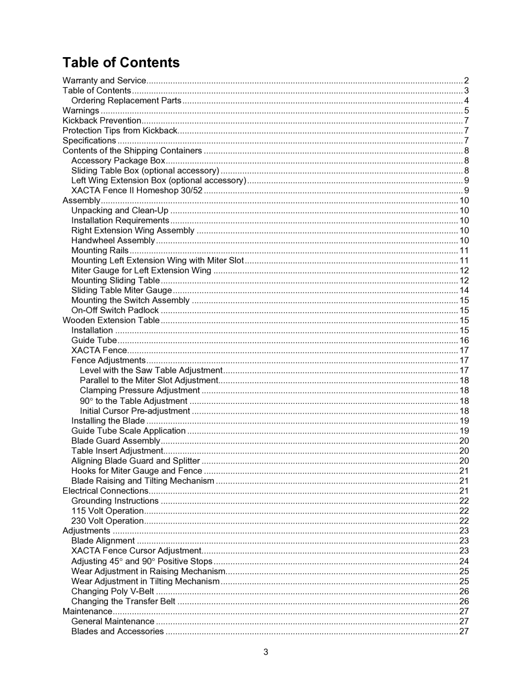 Jet Tools JWSS-10CS operating instructions Table of Contents 