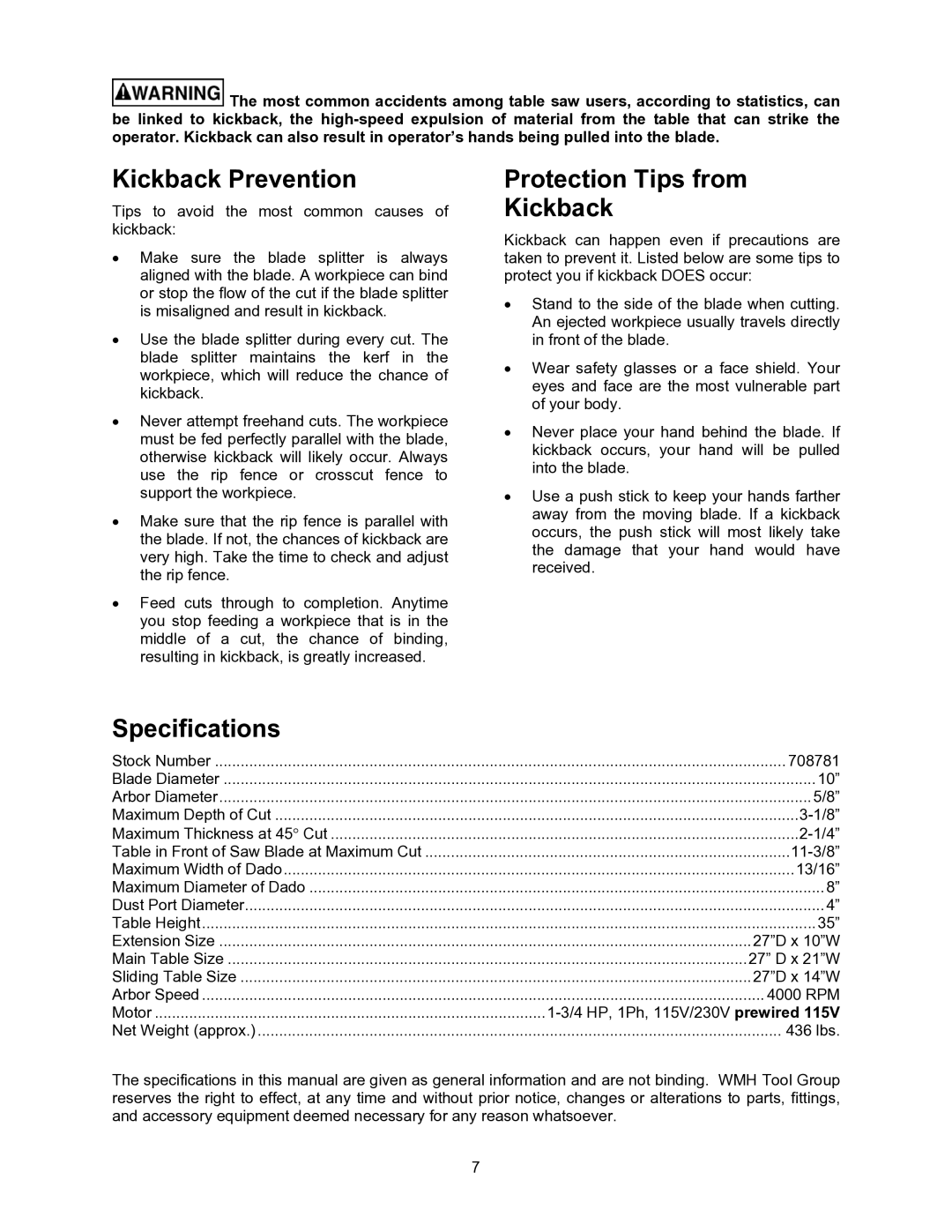 Jet Tools JWSS-10CS operating instructions Kickback Prevention, Specifications Protection Tips from Kickback 