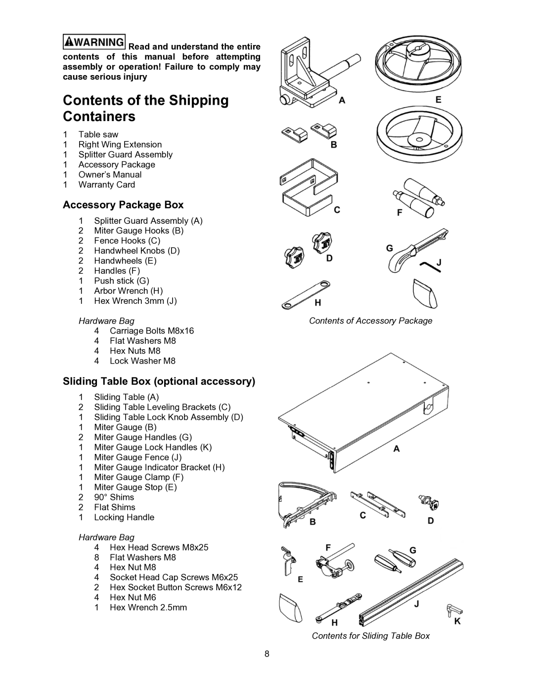 Jet Tools JWSS-10CS operating instructions Contents of the Shipping Containers 