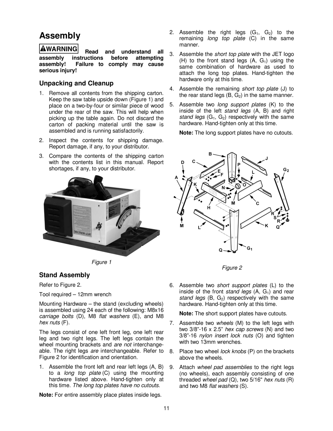 Jet Tools JWTS-10 operating instructions Unpacking and Cleanup, Stand Assembly 