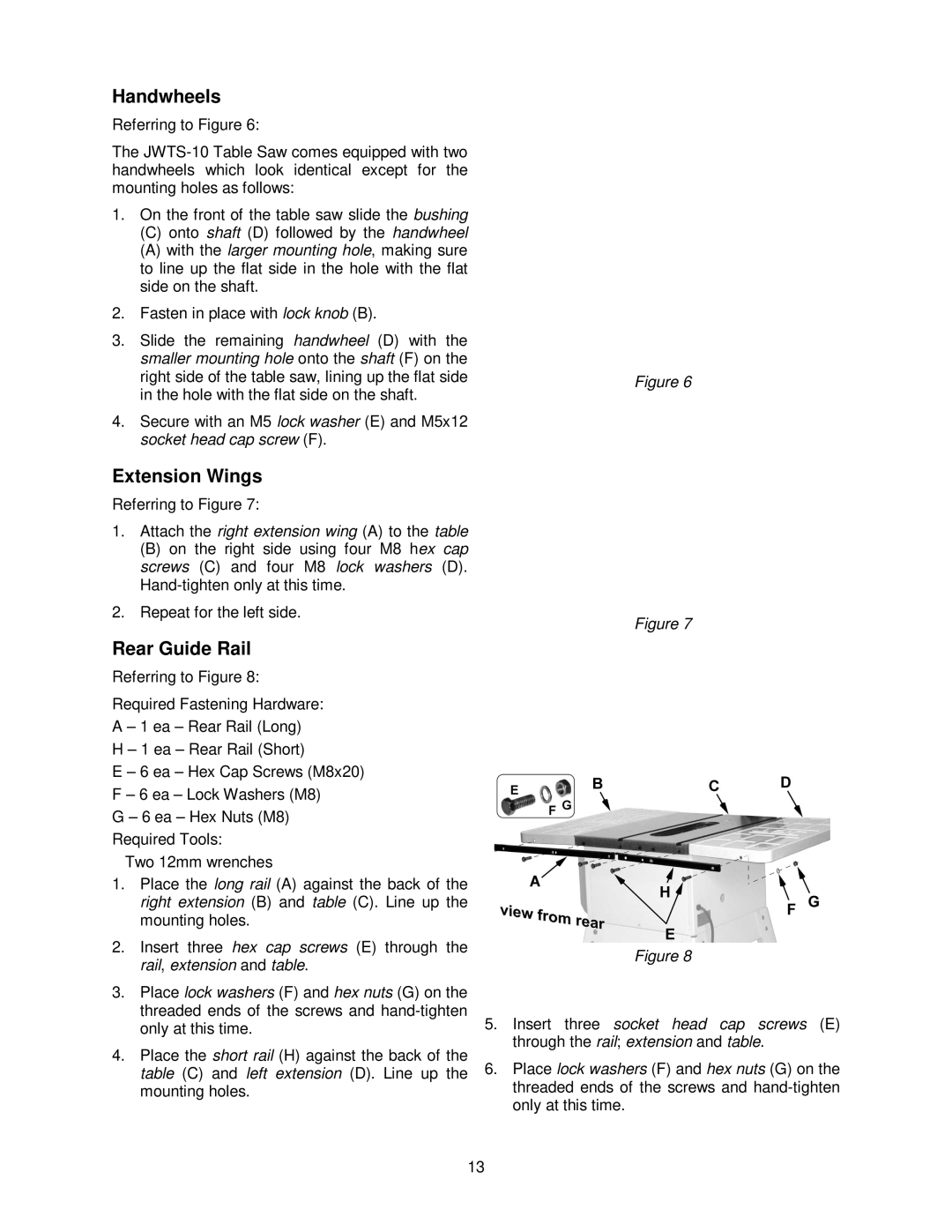 Jet Tools JWTS-10 operating instructions Handwheels, Extension Wings, Rear Guide Rail 