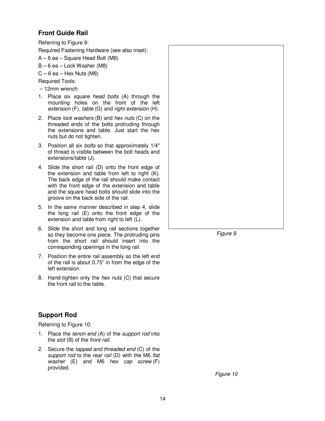 Jet Tools JWTS-10 operating instructions Front Guide Rail, Support Rod 