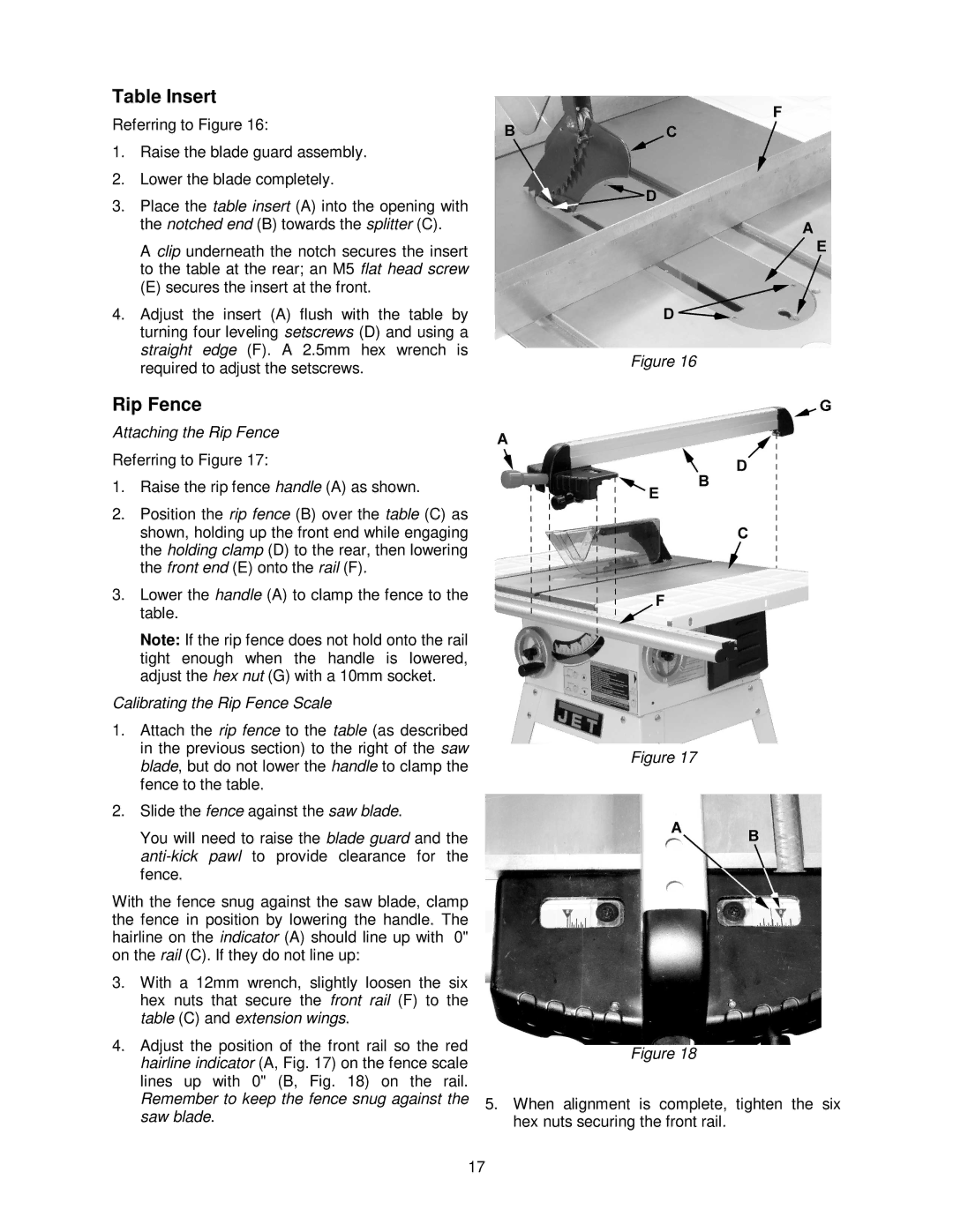 Jet Tools JWTS-10 operating instructions Table Insert, Rip Fence 