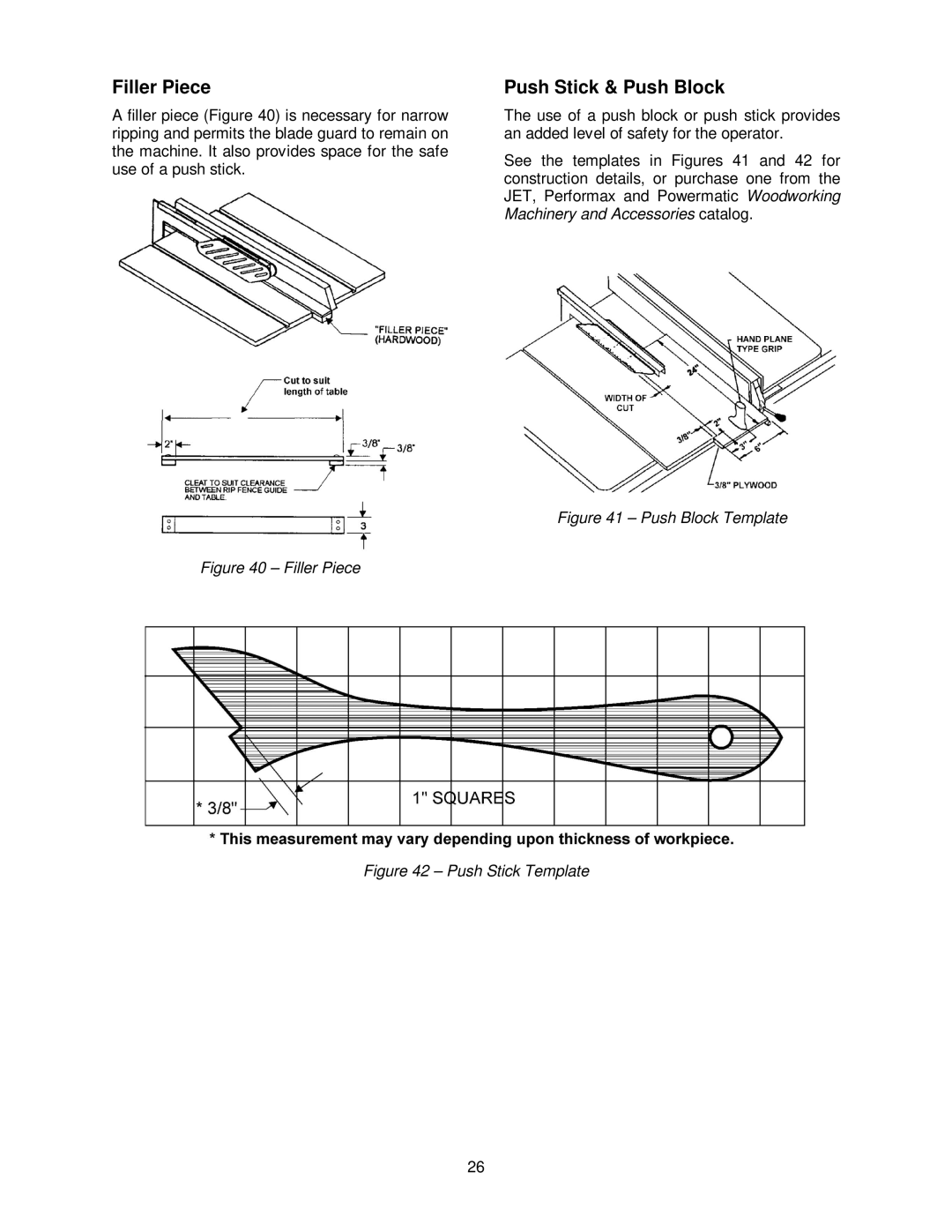 Jet Tools JWTS-10 operating instructions Filler Piece, Push Stick & Push Block 