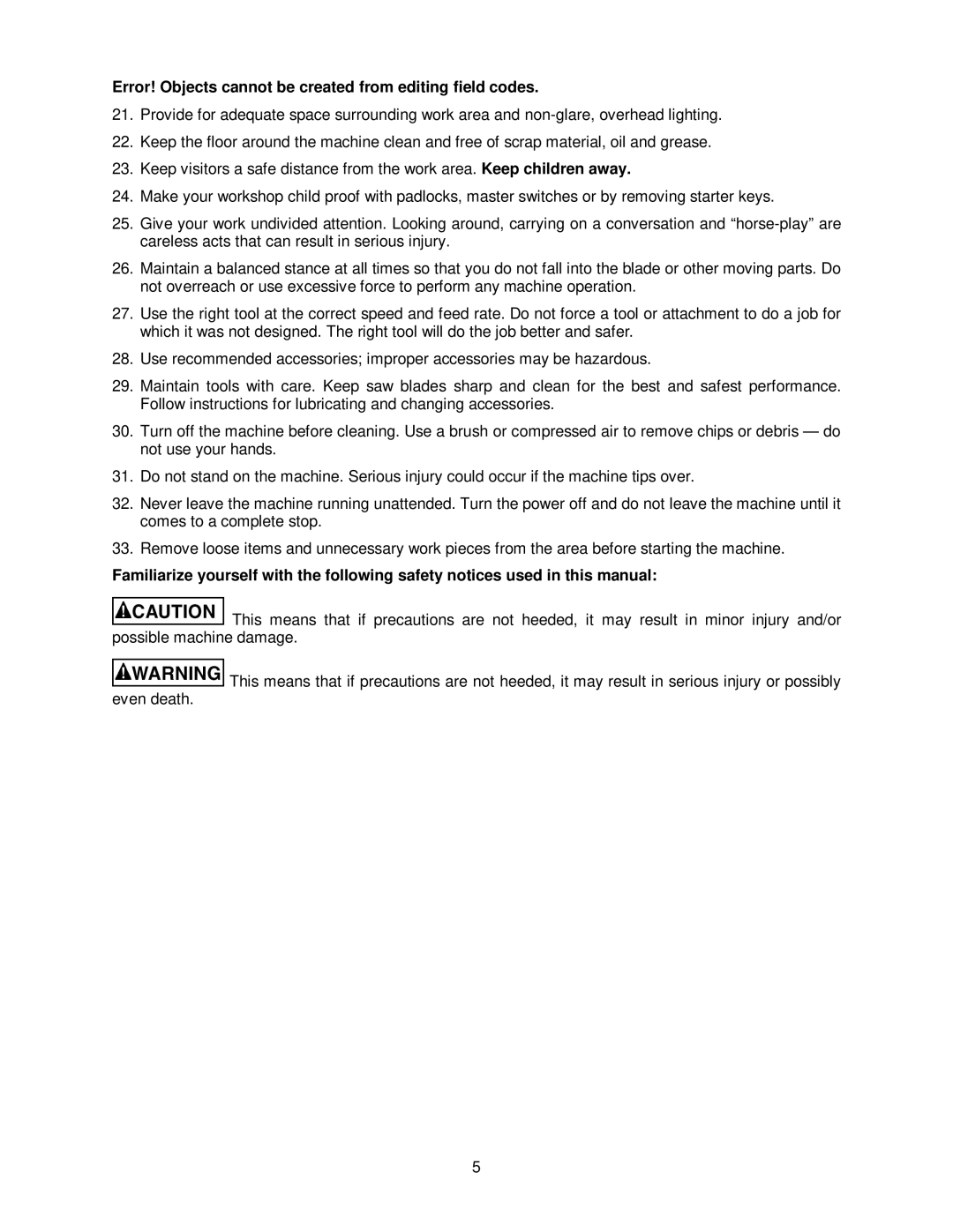 Jet Tools JWTS-10 operating instructions Error! Objects cannot be created from editing field codes 