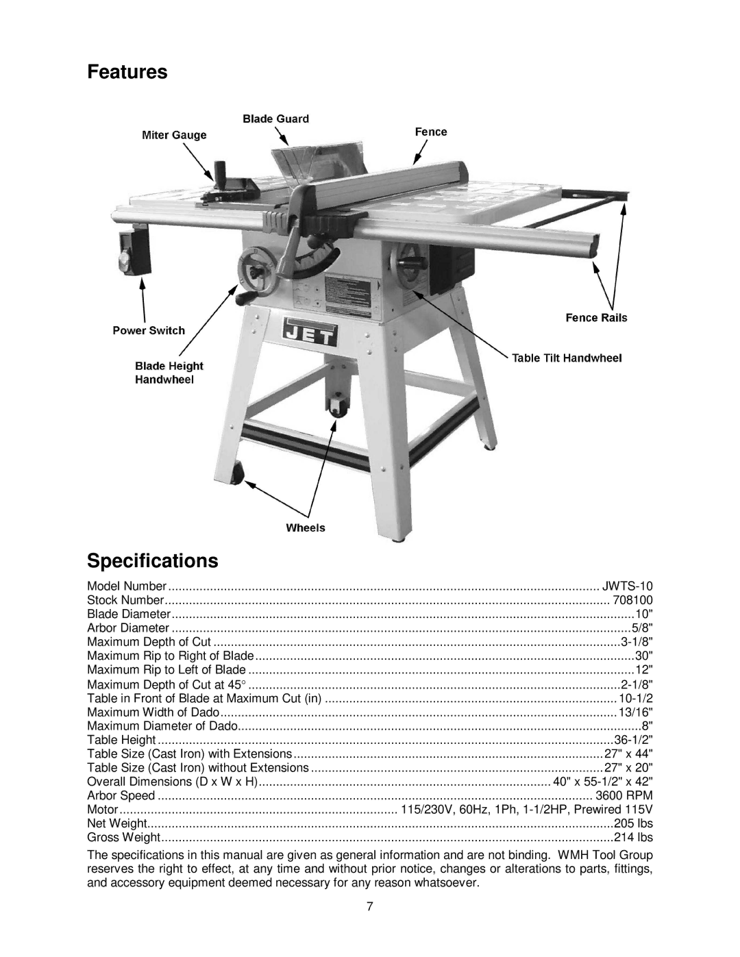 Jet Tools JWTS-10 operating instructions Features Specifications 