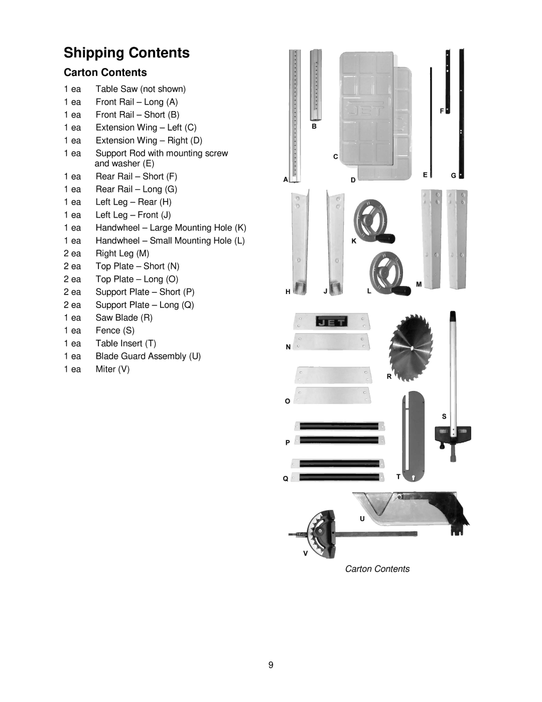 Jet Tools JWTS-10 operating instructions Shipping Contents 