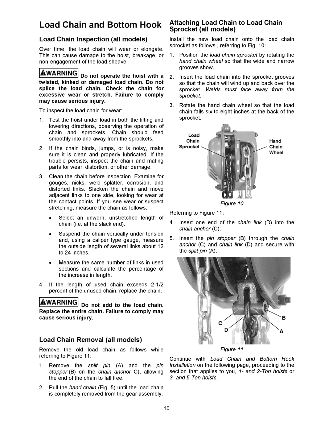 Jet Tools M-121704 Load Chain and Bottom Hook, Load Chain Inspection all models, Load Chain Removal all models 