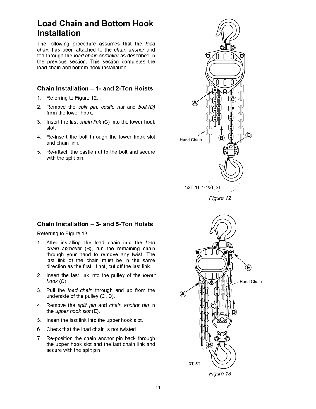 Jet Tools M-121704 operating instructions Load Chain and Bottom Hook Installation, Chain Installation 1- and 2-Ton Hoists 