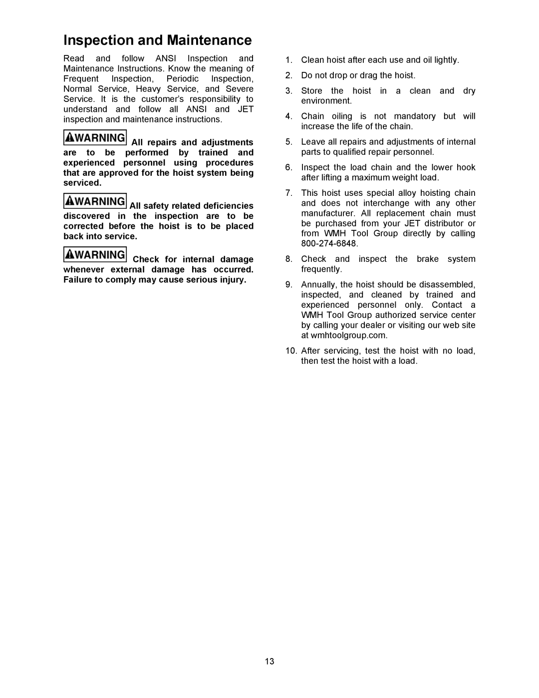 Jet Tools M-121704 operating instructions Inspection and Maintenance 