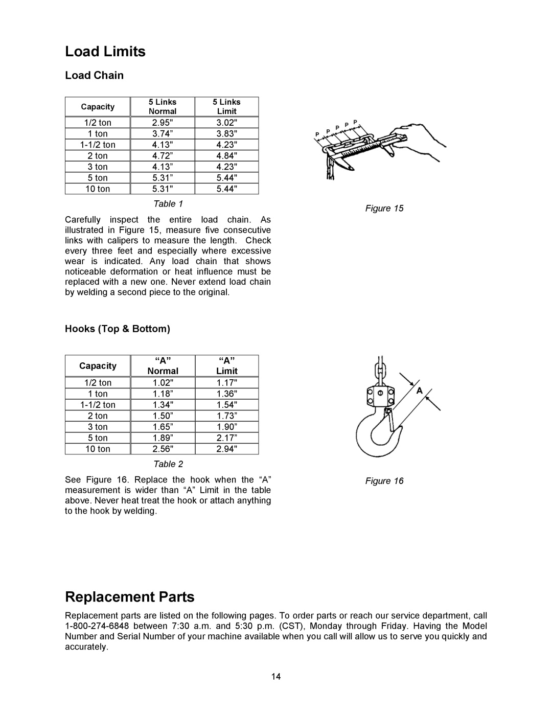 Jet Tools M-121704 operating instructions Load Limits, Replacement Parts, Load Chain 