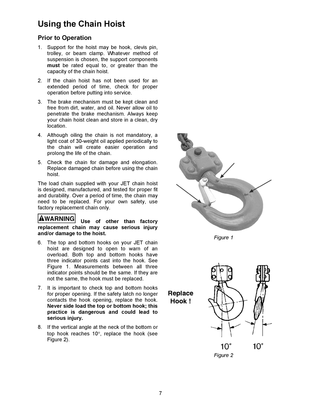 Jet Tools M-121704 operating instructions Using the Chain Hoist, Prior to Operation 