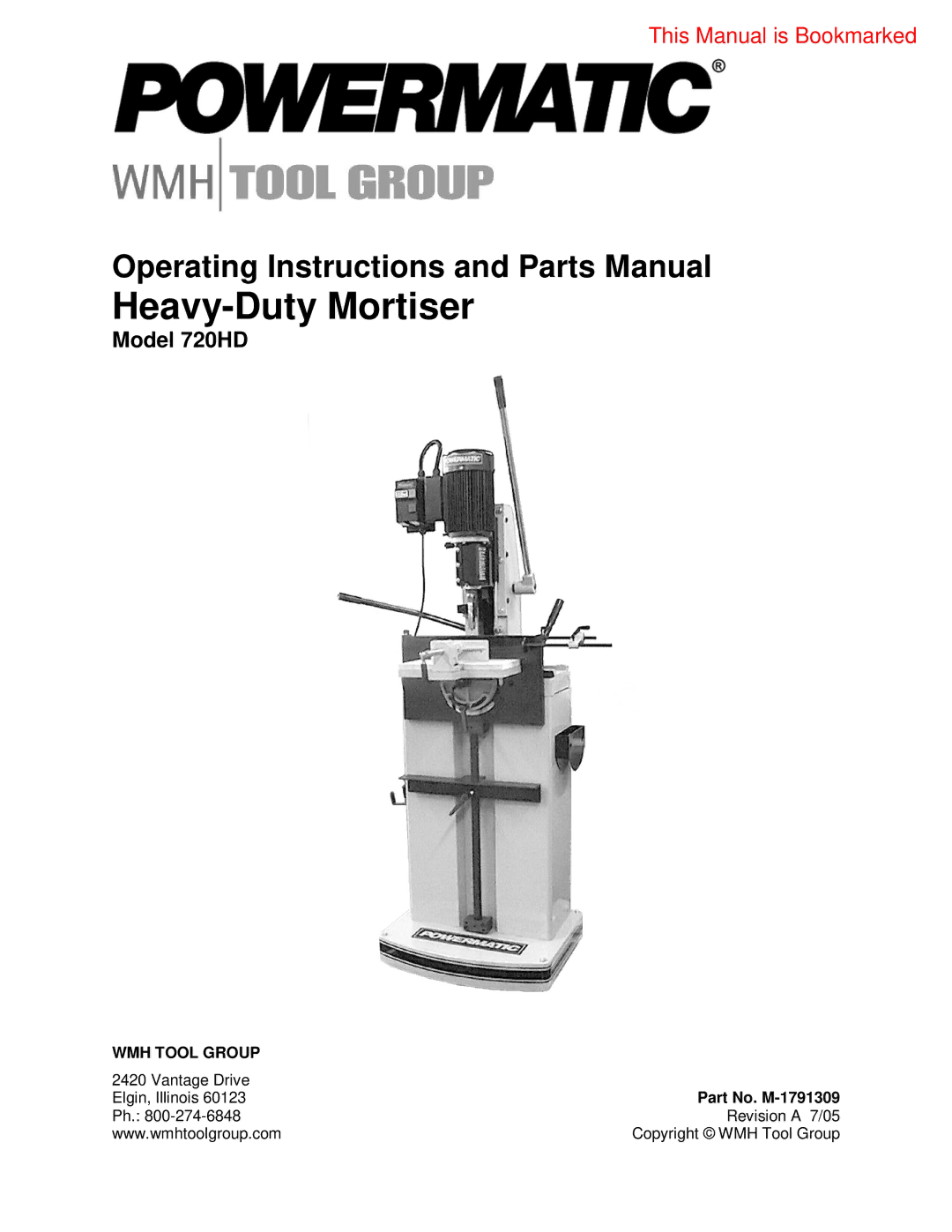 Jet Tools 720HD operating instructions Heavy-Duty Mortiser, Part No. M-1791309 