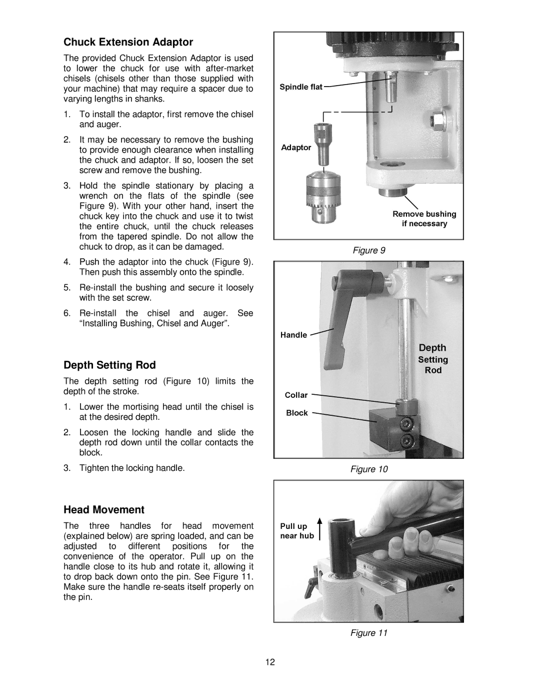 Jet Tools M-1791309, 720HD operating instructions Chuck Extension Adaptor, Depth Setting Rod, Head Movement 