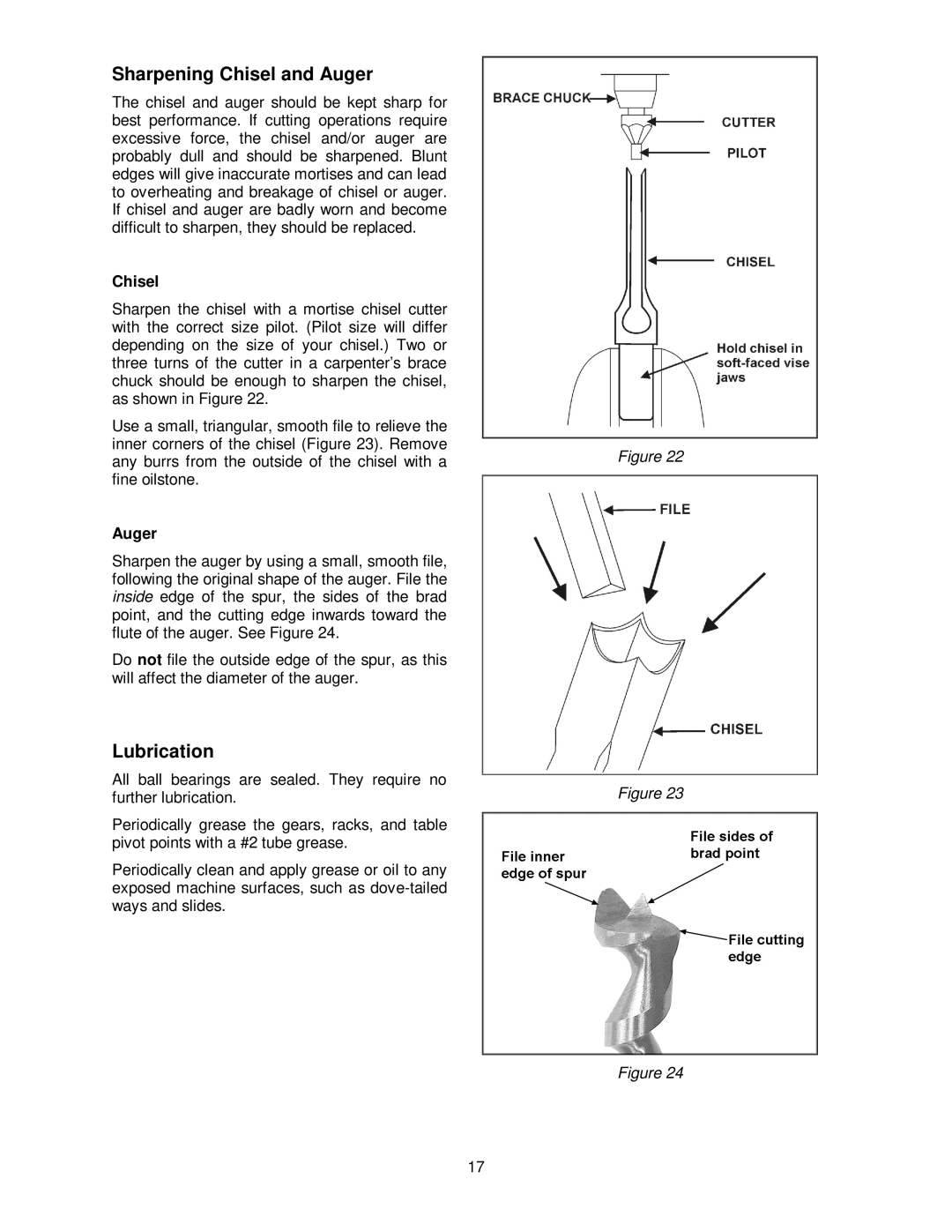 Jet Tools 720HD, M-1791309 operating instructions Sharpening Chisel and Auger, Lubrication 