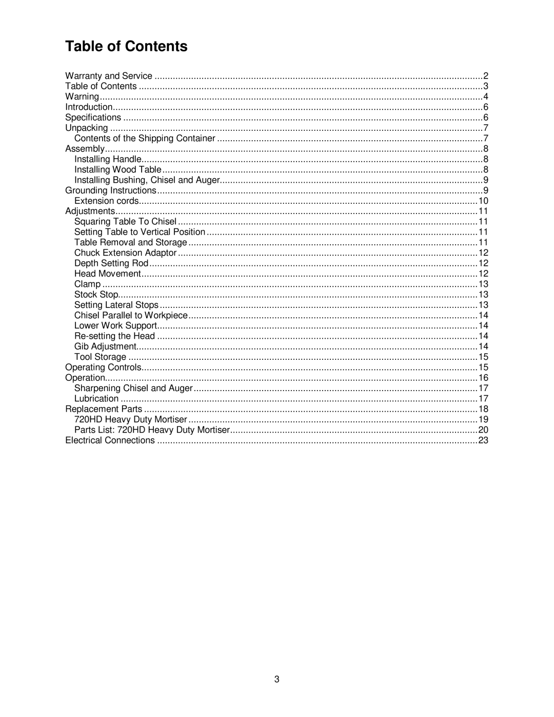 Jet Tools 720HD, M-1791309 operating instructions Table of Contents 