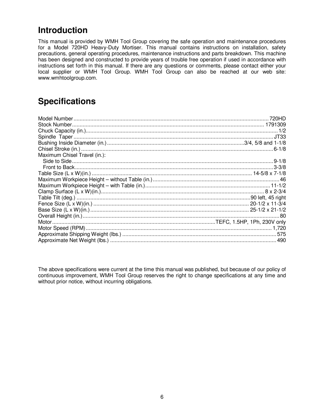 Jet Tools M-1791309, 720HD operating instructions Introduction Specifications 