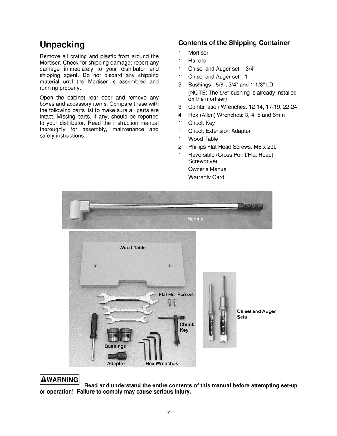 Jet Tools 720HD, M-1791309 operating instructions Unpacking, Contents of the Shipping Container 