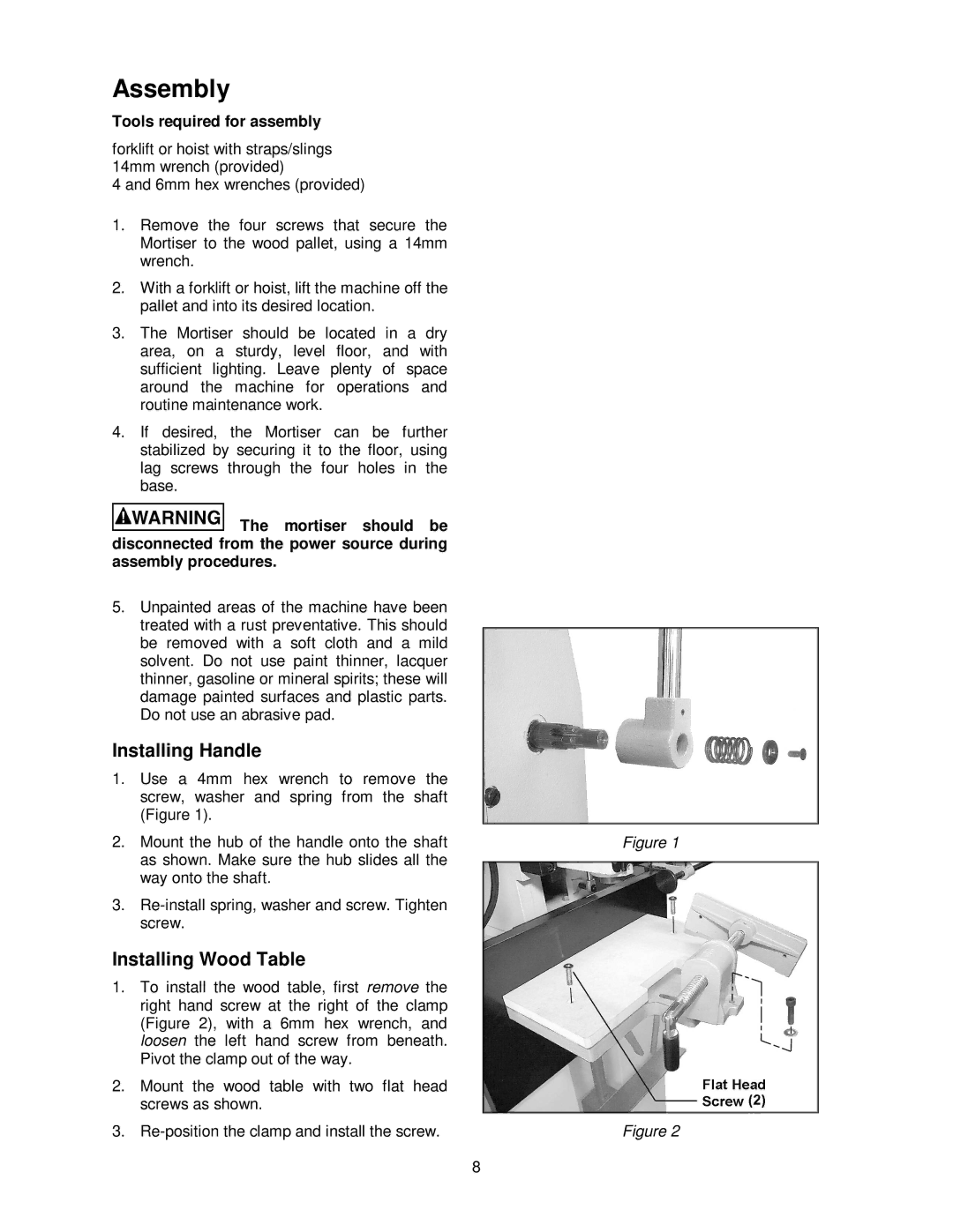 Jet Tools M-1791309, 720HD Assembly, Installing Handle, Installing Wood Table, Tools required for assembly 