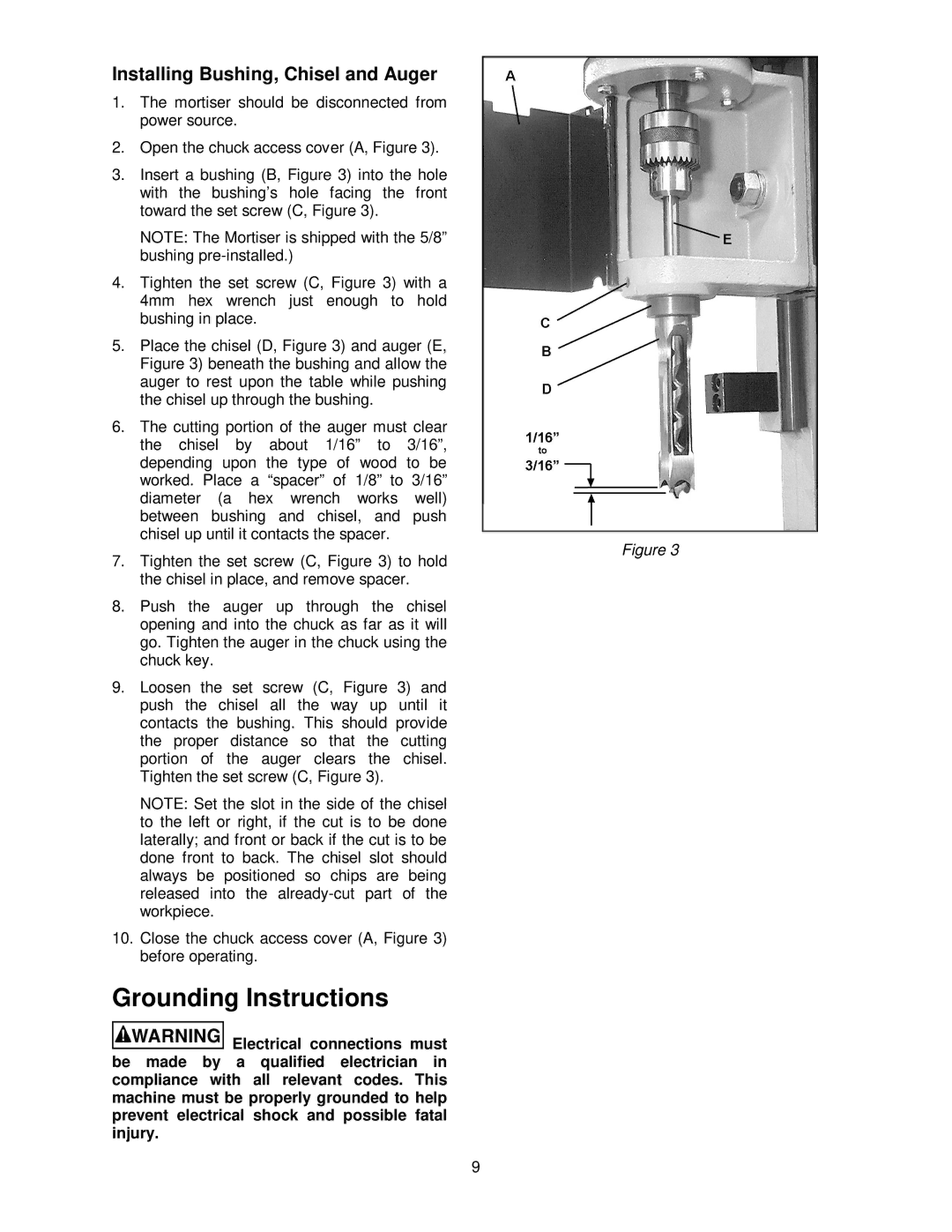 Jet Tools 720HD, M-1791309 operating instructions Grounding Instructions, Installing Bushing, Chisel and Auger 