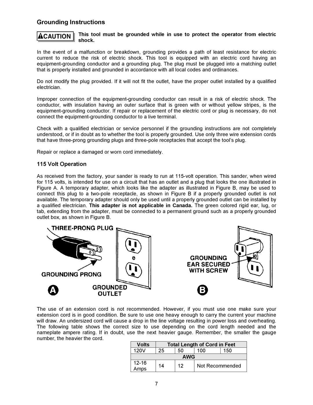 Jet Tools M-628900 operating instructions Grounding Instructions, Volt Operation, Volts Total Length of Cord in Feet 