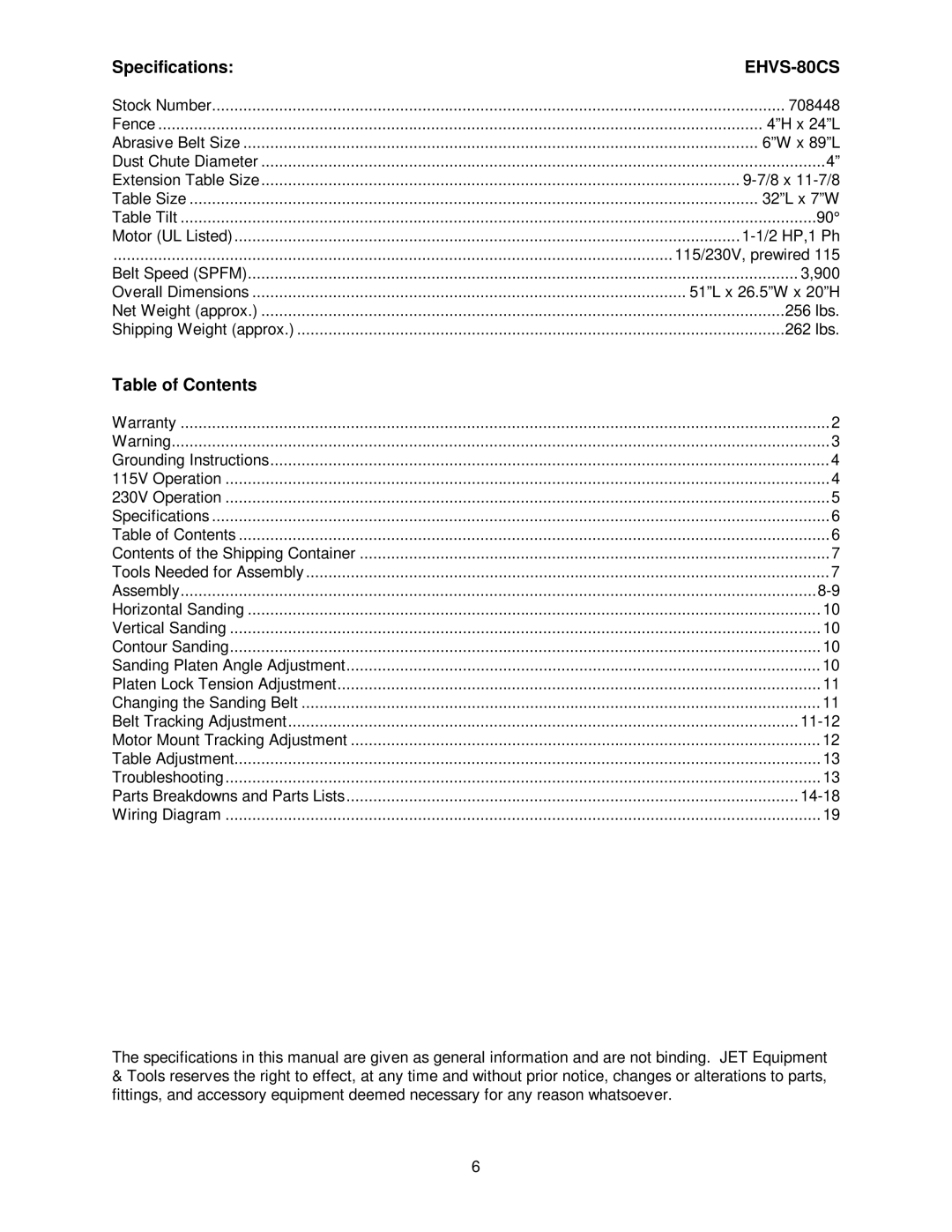 Jet Tools M-708448 owner manual Specifications, Table of Contents 