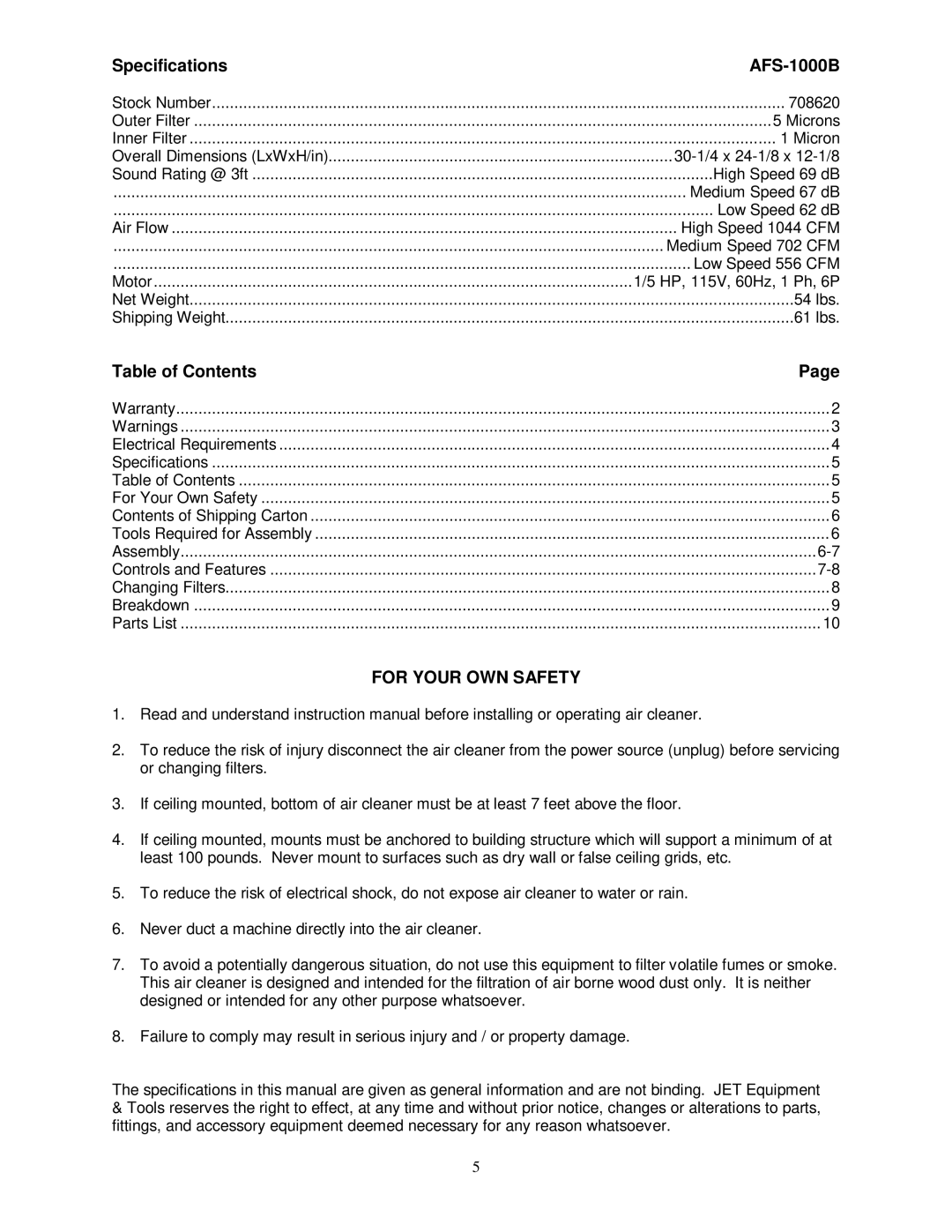 Jet Tools M-708620 owner manual Specifications AFS-1000B, Table of Contents 